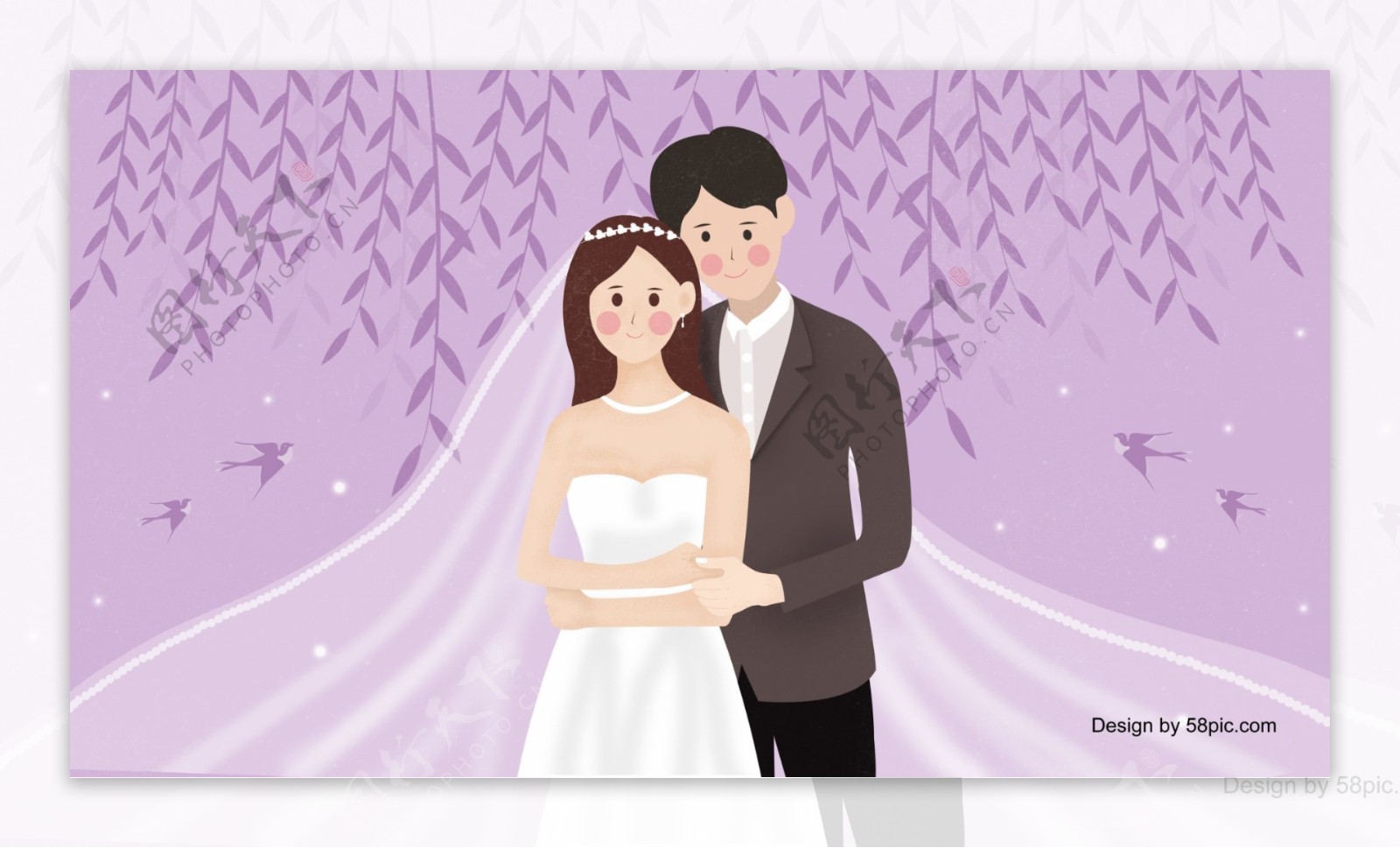 浪漫粉紫色婚纱礼服新郎新娘插画