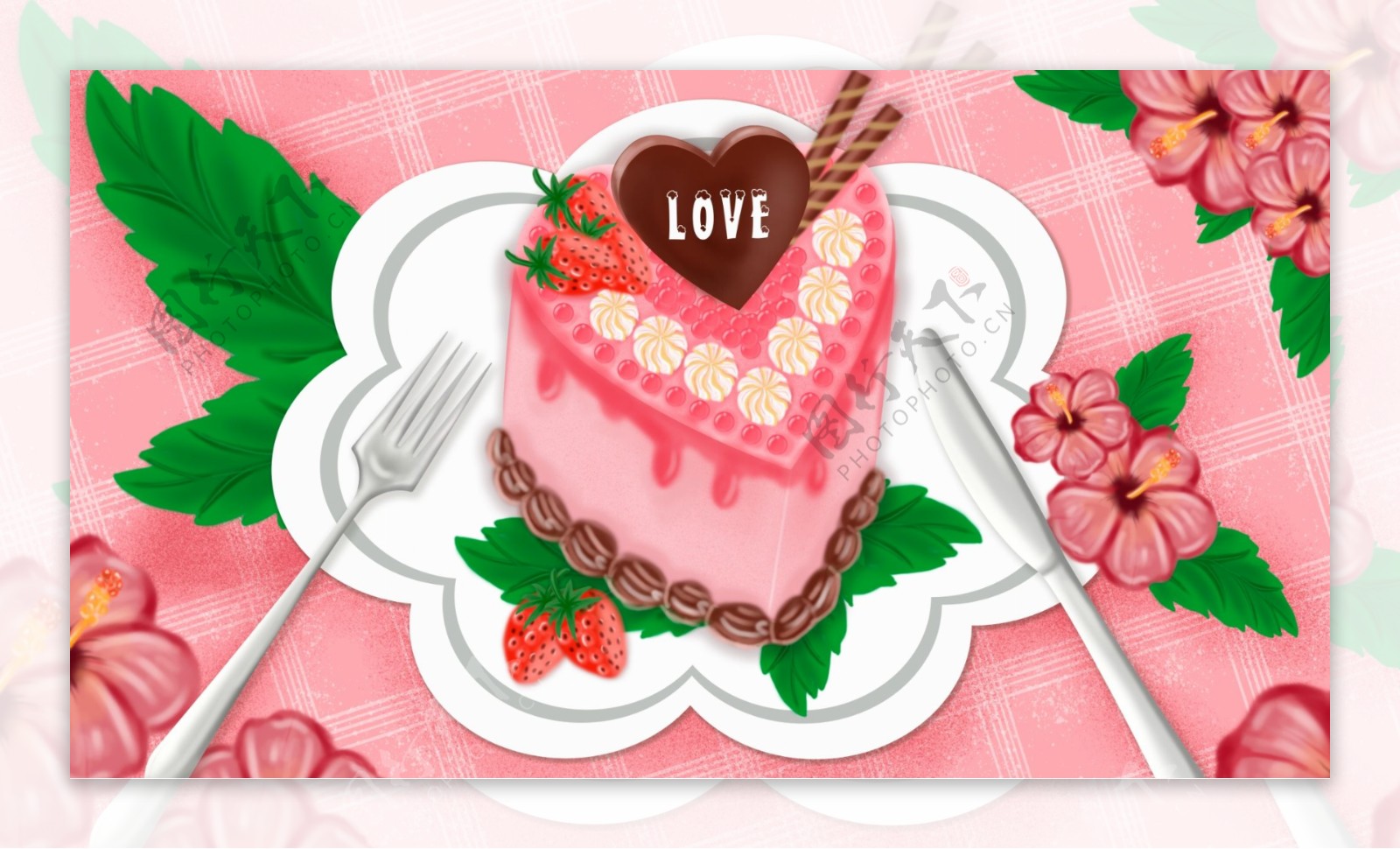下午茶甜品草莓蛋糕插画