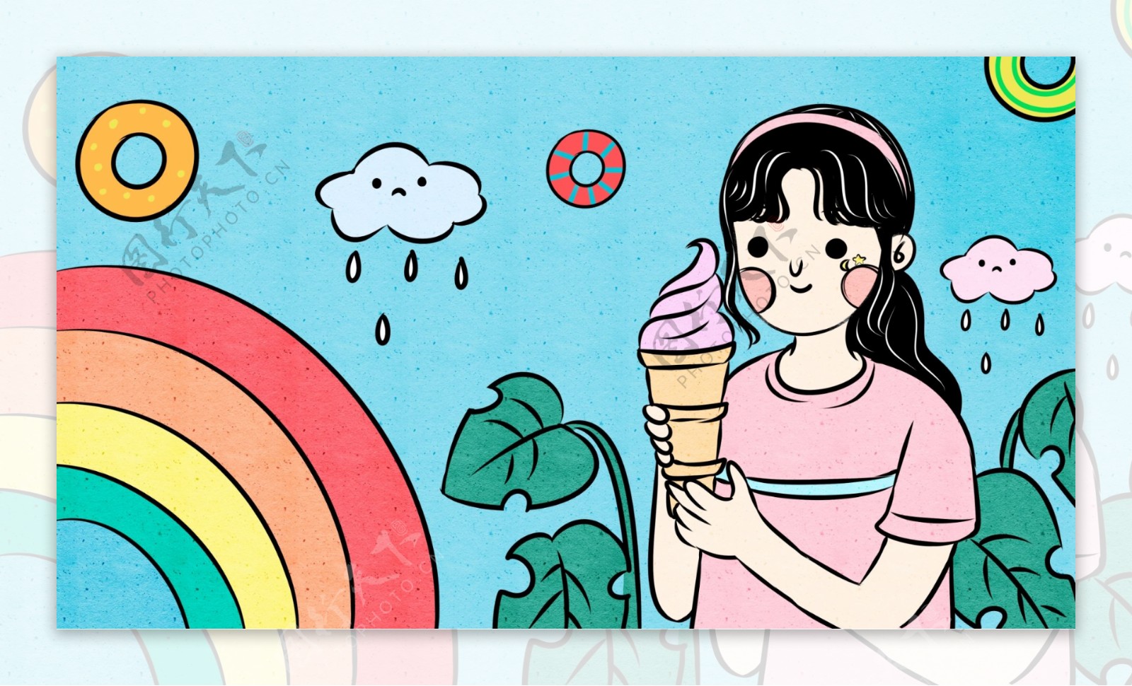 处暑炎热夏日缤纷吃冰淇淋的女孩
