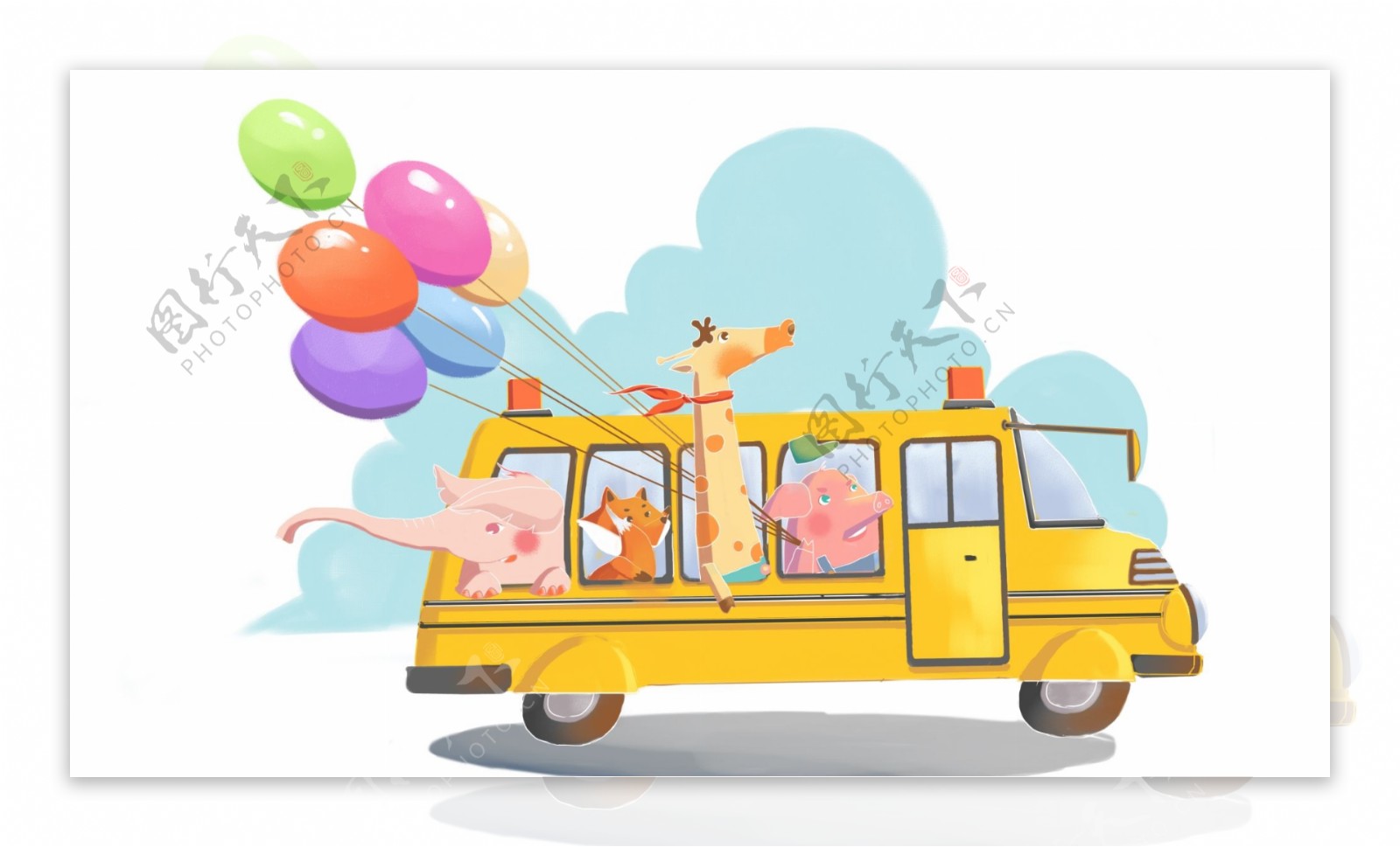 小清新插画拿彩色气球坐校车去旅行的动物们