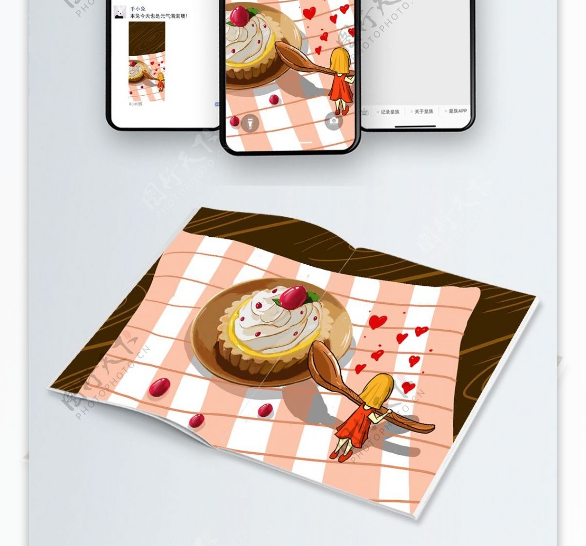 木桌上小精灵吃美味的红豆蛋糕美食插画海报