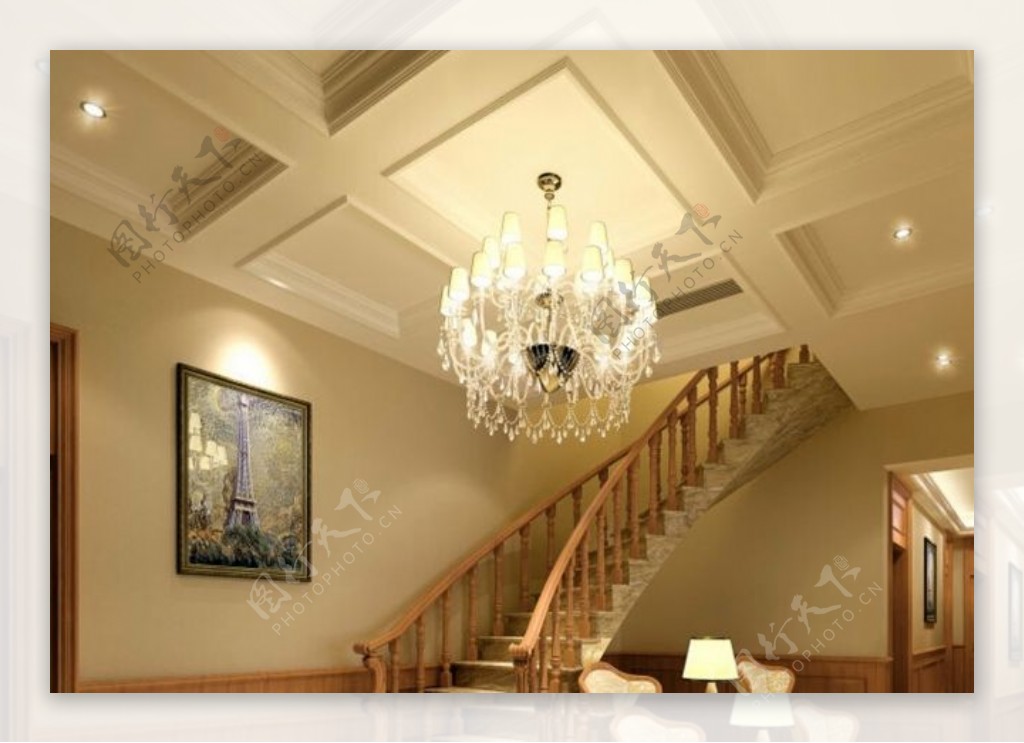 欧式奢华风走廊楼梯吊顶效果图设计