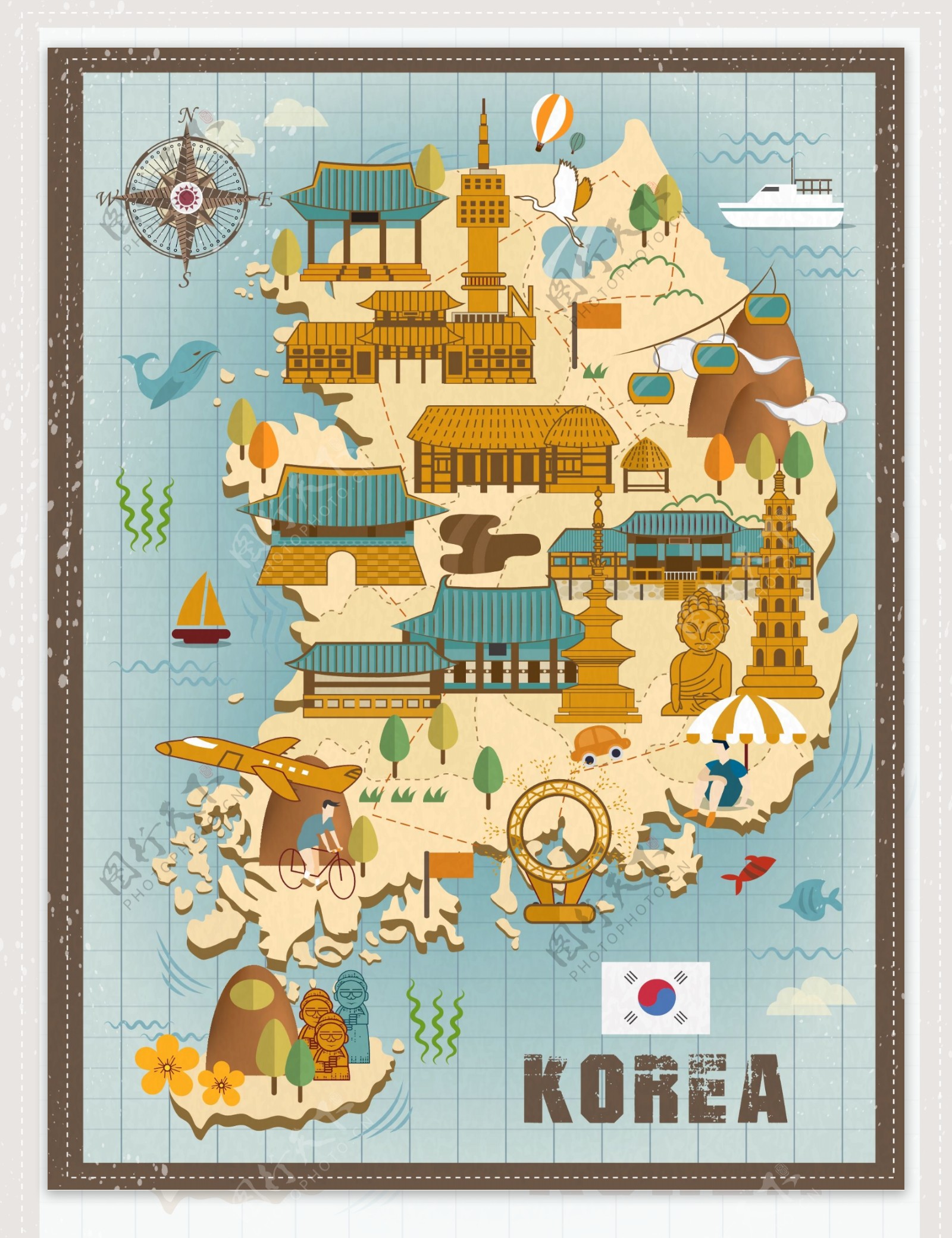 手绘矢量旅游韩国景福宫景点地图海报背景