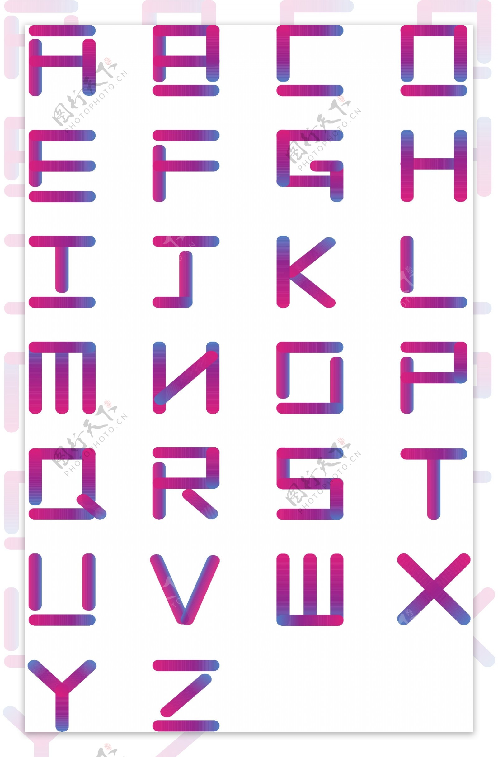 紫色炫彩渐变26个英文字母原创字体可商用