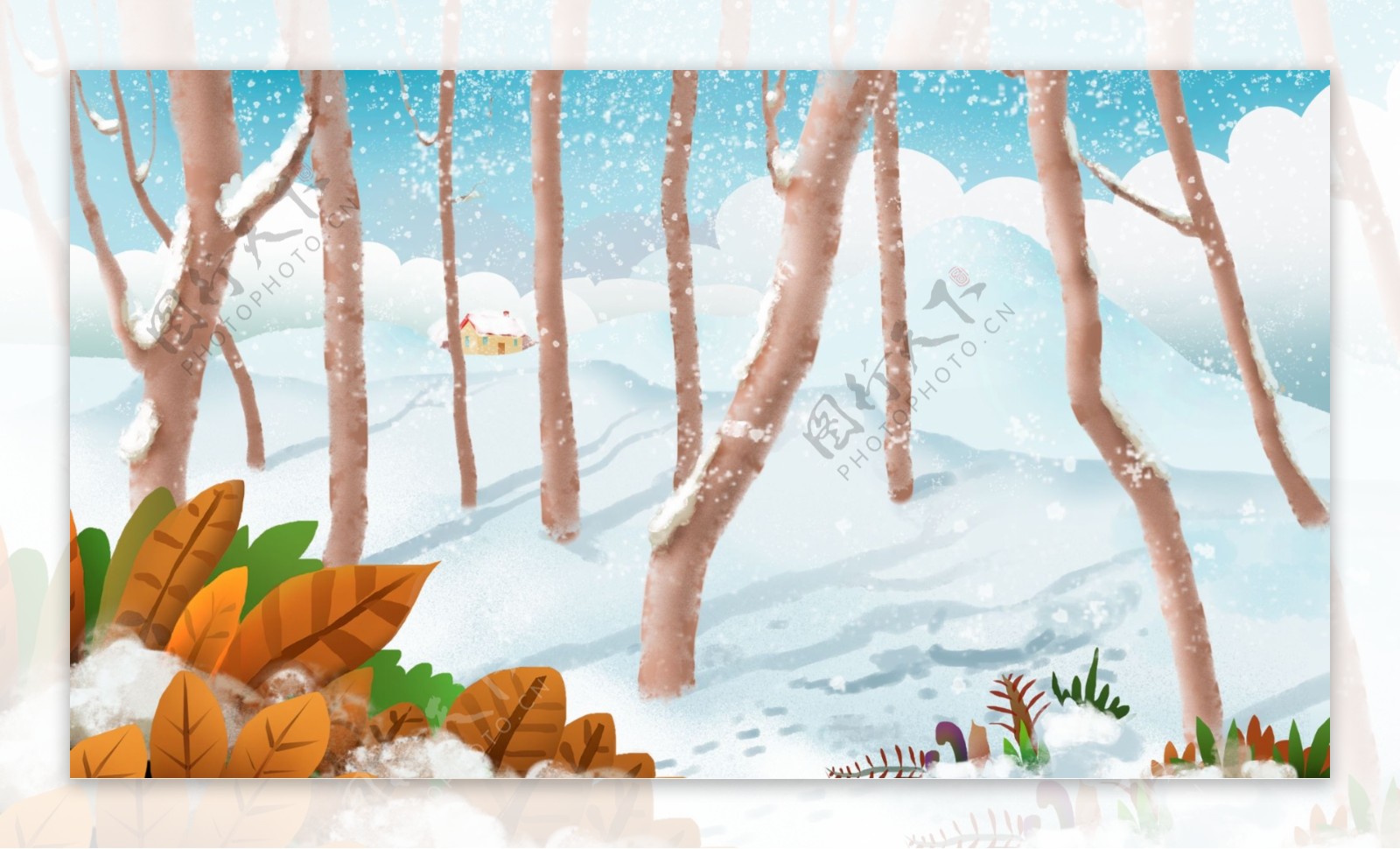 手绘冬季树林黄树叶雪景背景素材