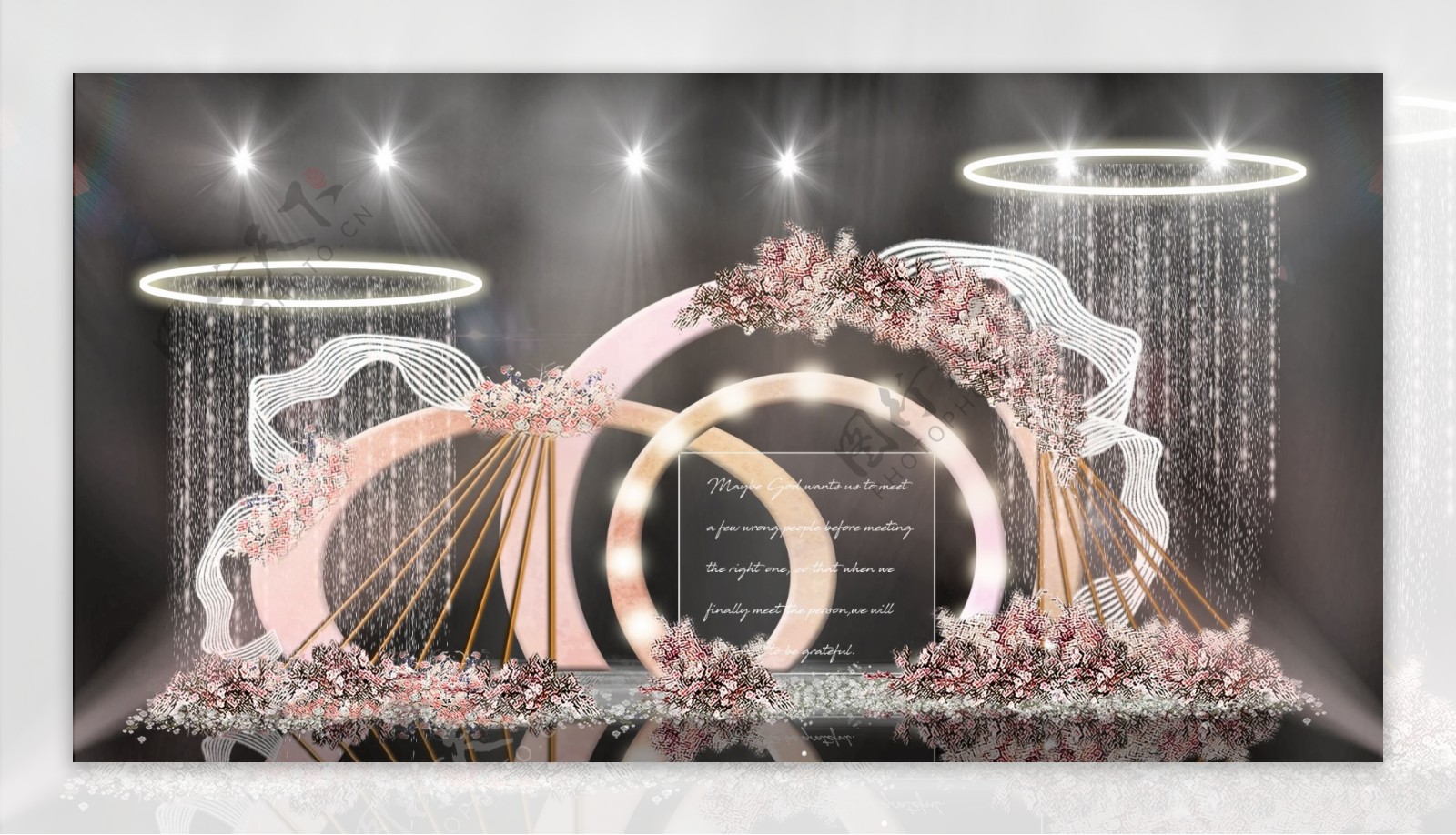 简约水彩圆环灯泡拱门线条雕塑婚礼效果图