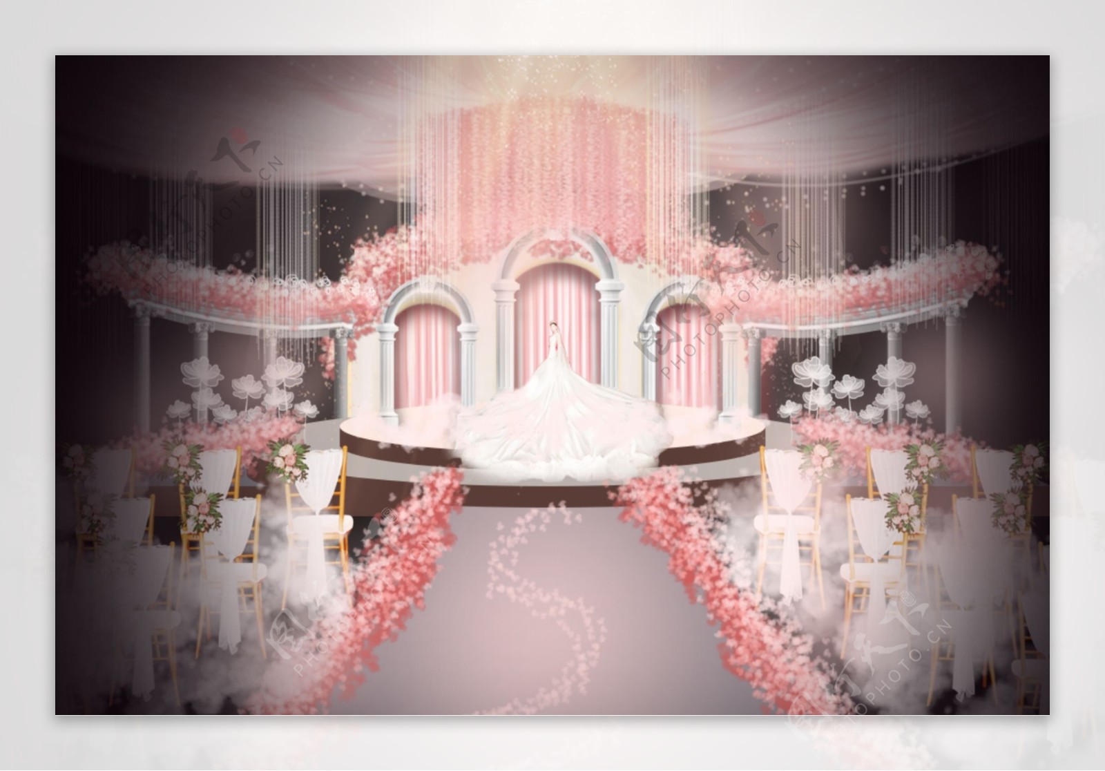 粉色欧式浪漫婚礼舞台整体效果图