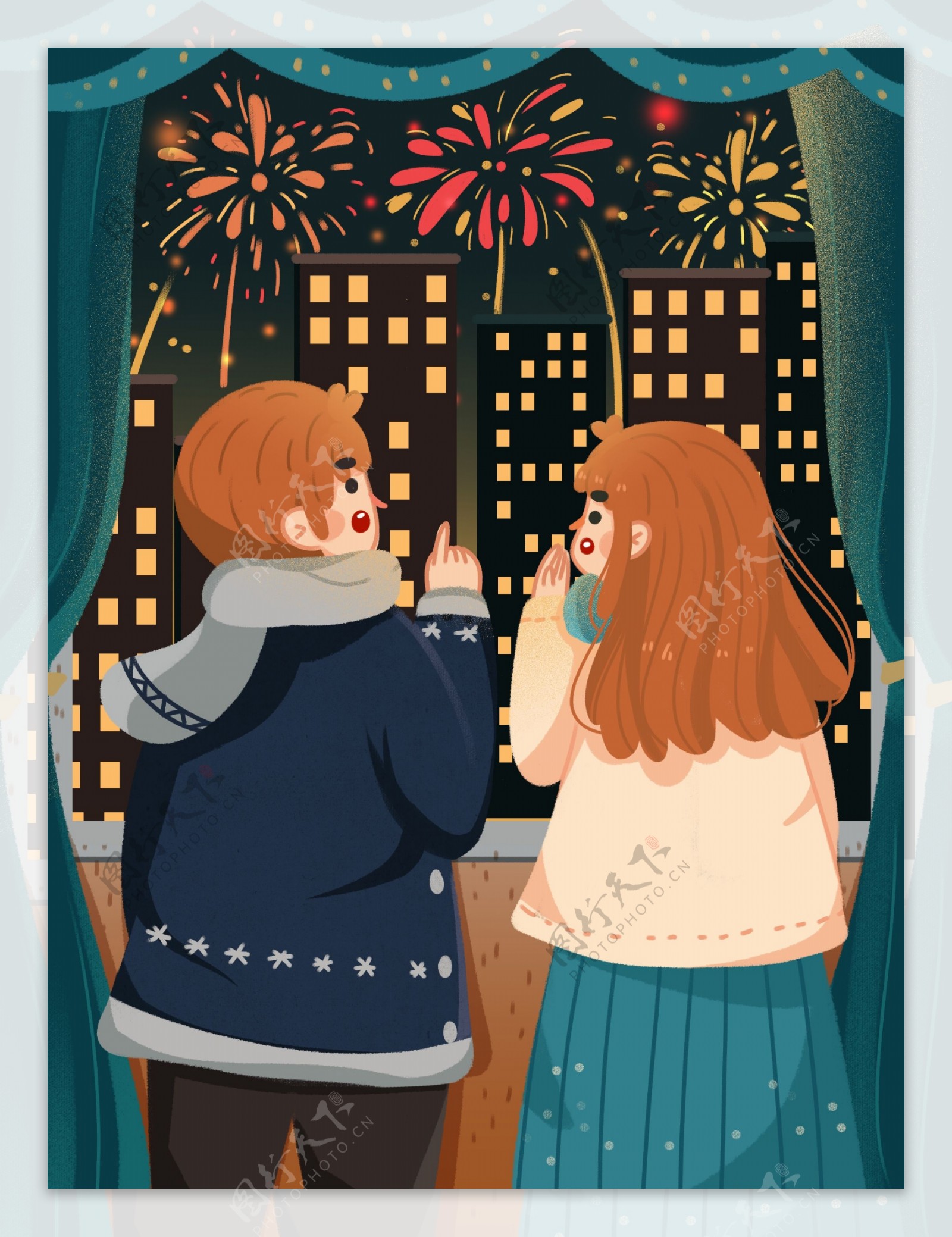 新年快乐在窗户前看城市放烟花庆祝猪年情侣