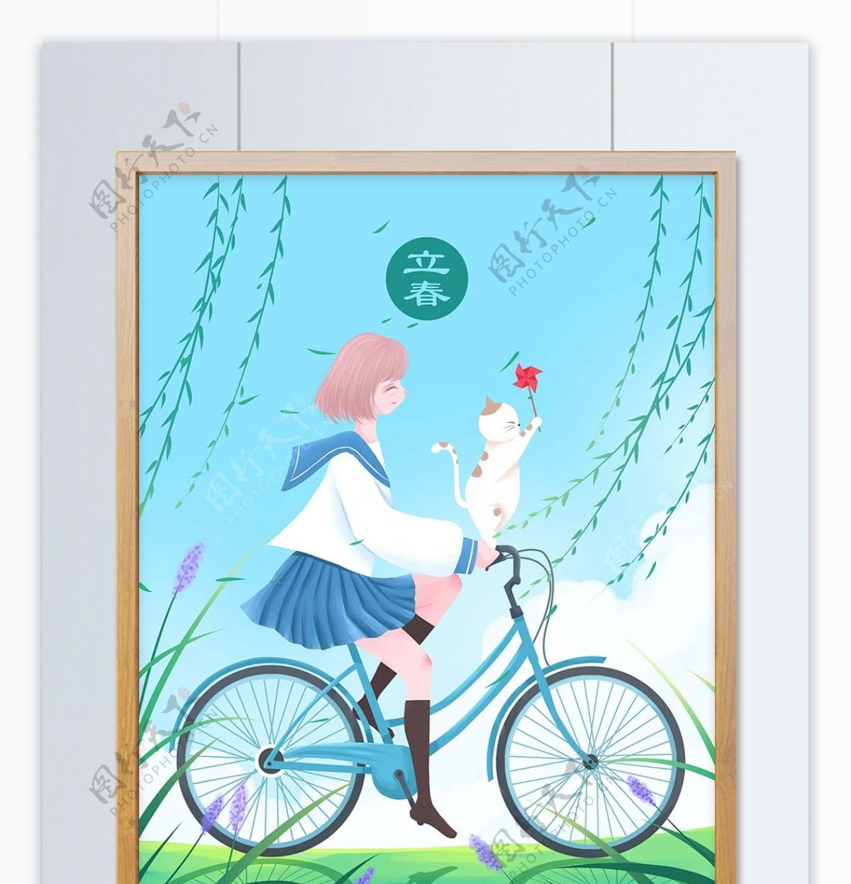 立春清新插画春天骑自行车的女孩