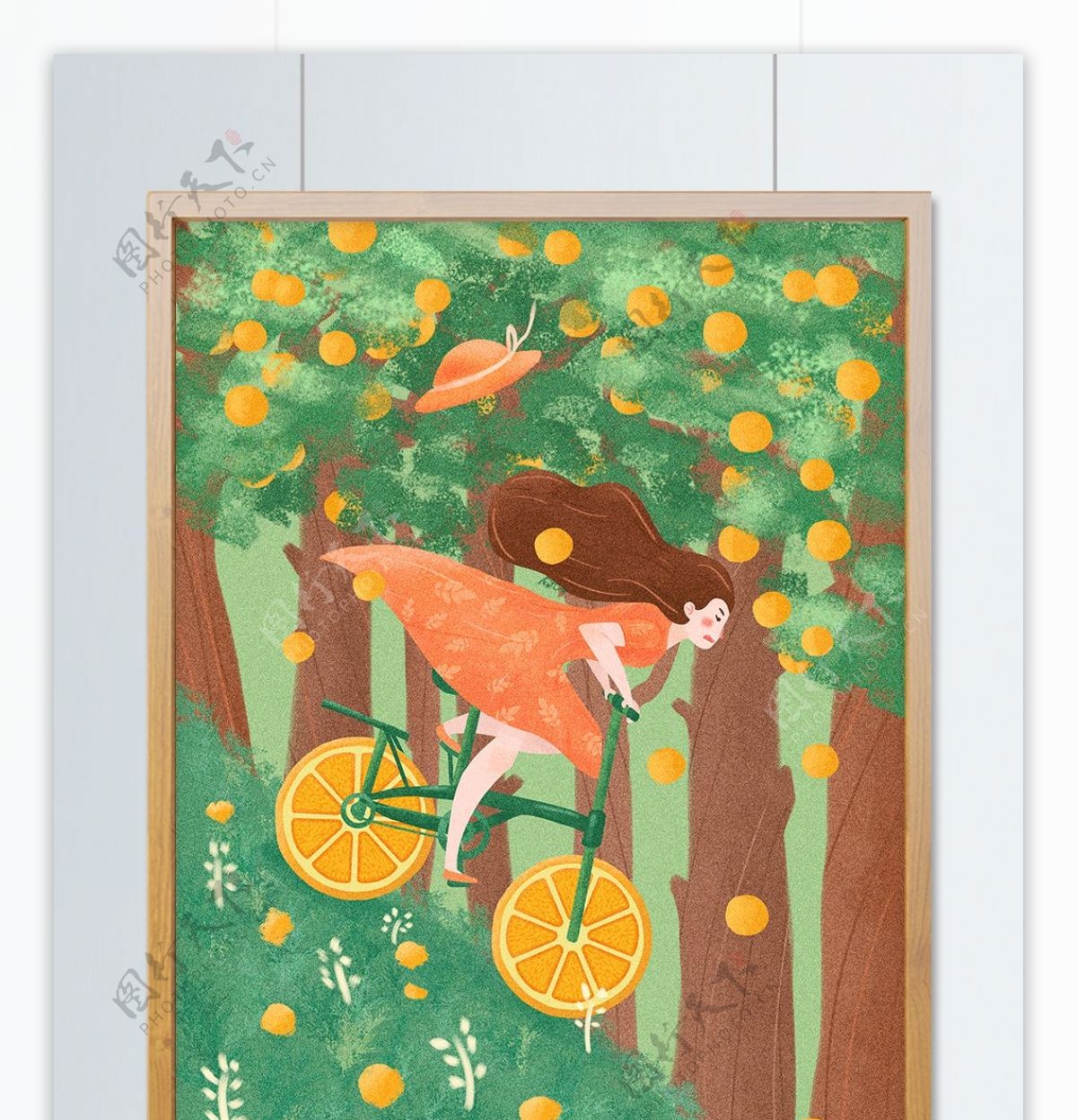 创意水果小清新扁平噪点插画自行车踏青橘子