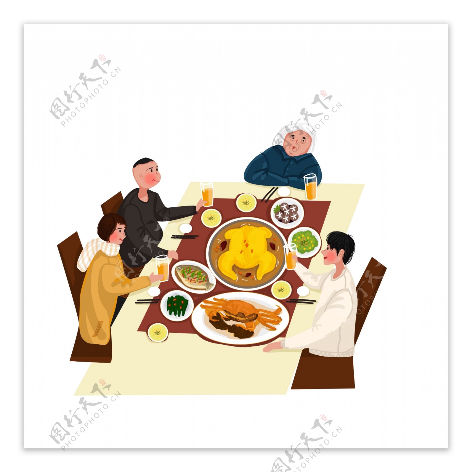 过年吃饭的一家人插画元素