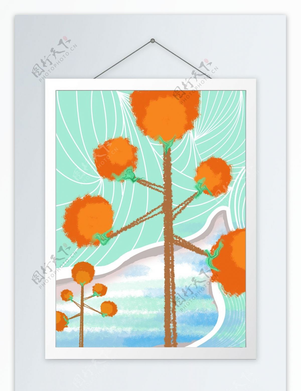简约手绘抽象橘子树客厅装饰画