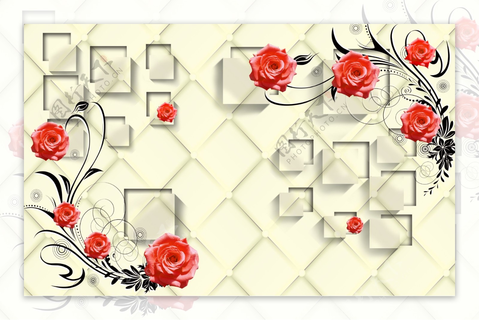 3d立体方块玫瑰花藤软包背景墙