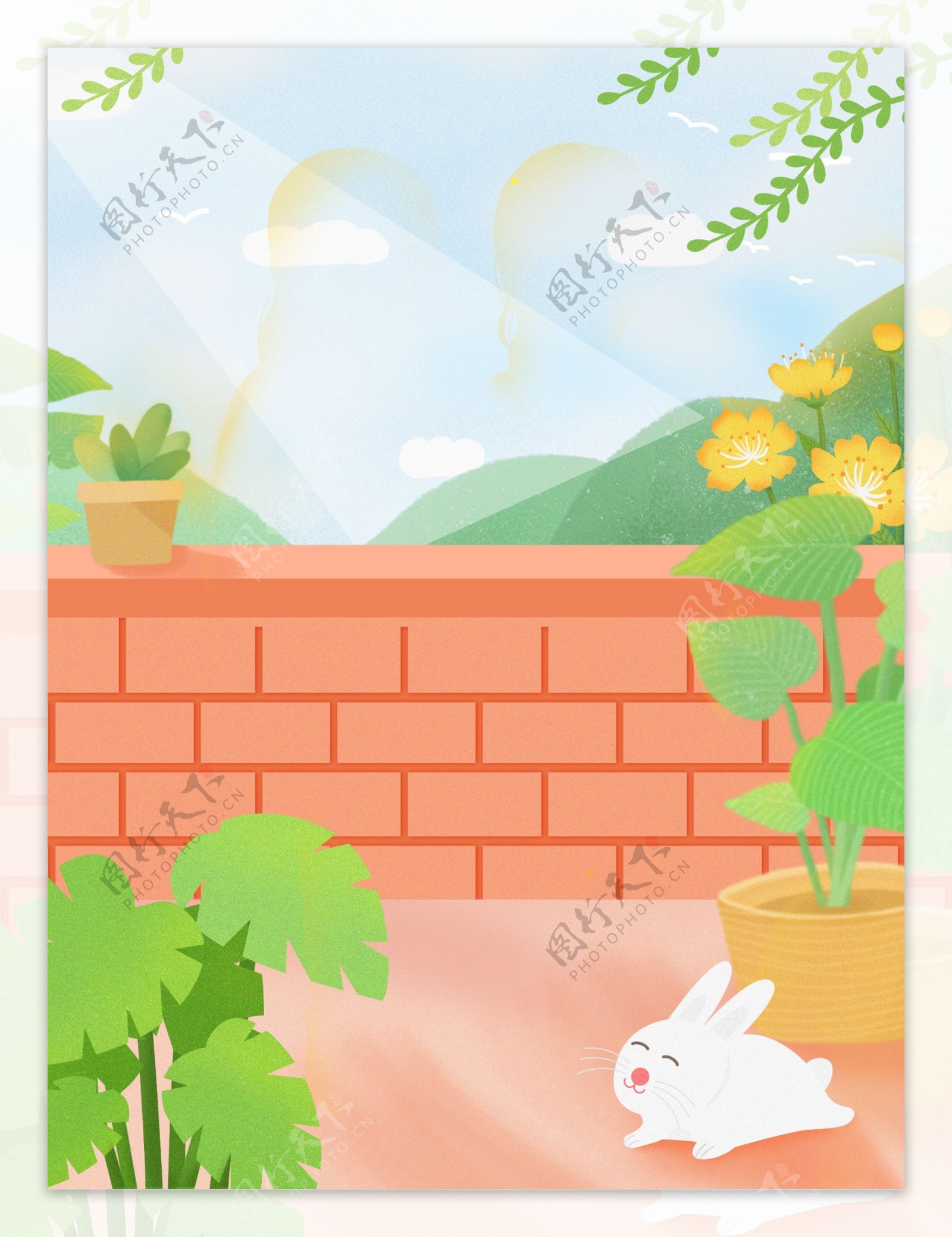 清新春季盆栽小兔背景设计