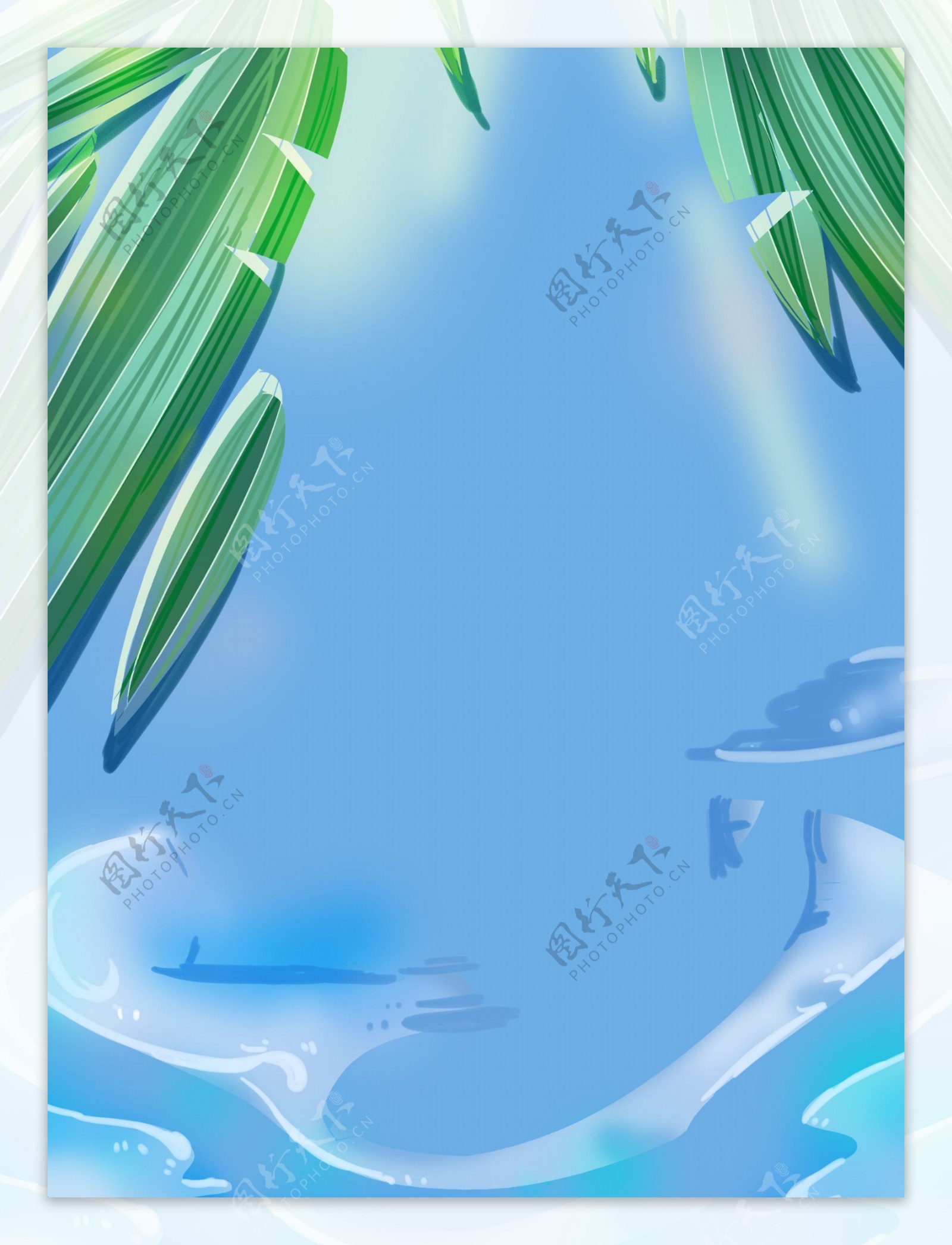 手绘蓝色海洋绿叶背景设计