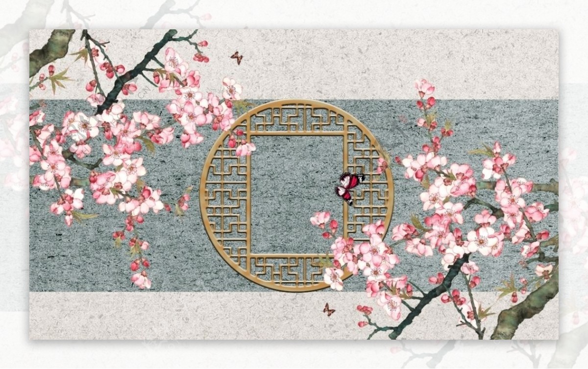 新中式手绘桃花蝴蝶背景墙