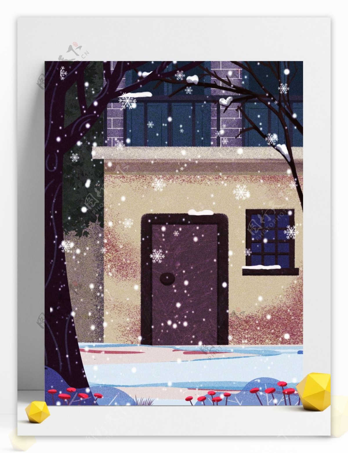 简约冬季雪地房子背景设计