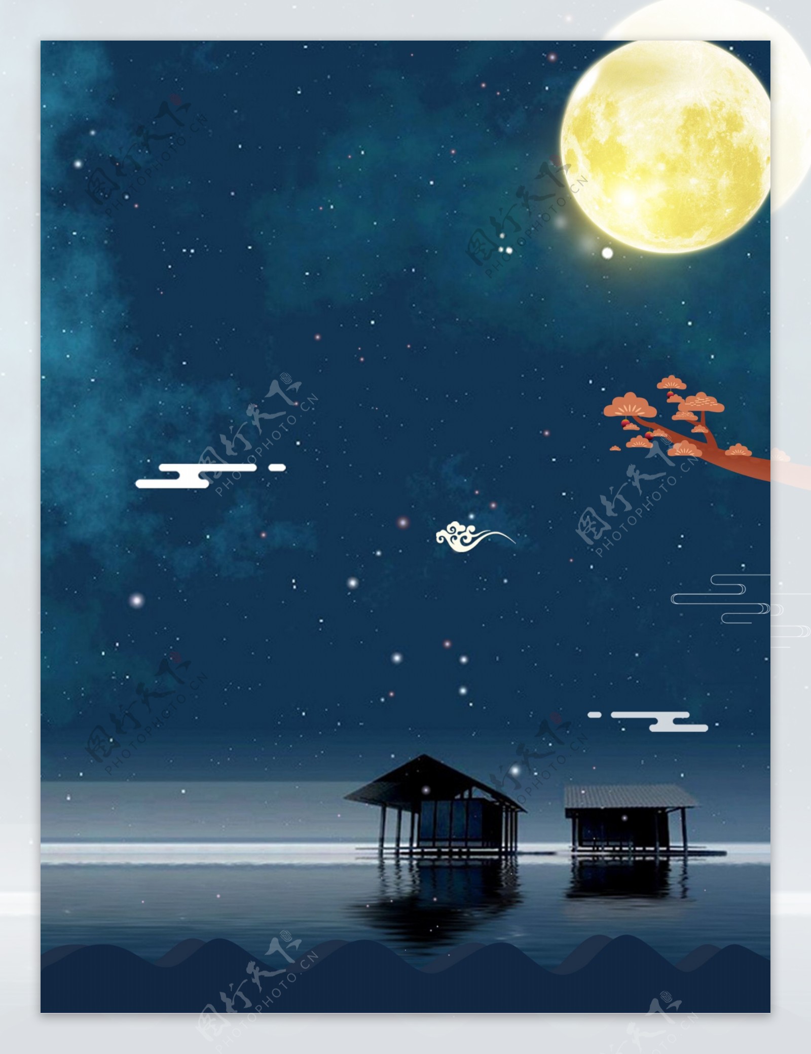 浪漫湖面木屋月光背景