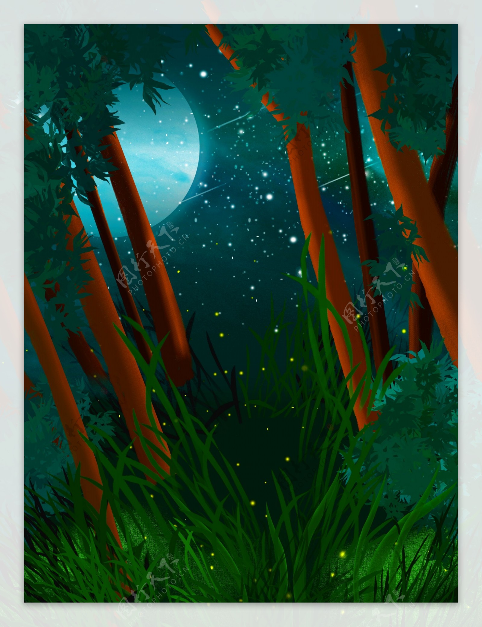 彩绘清新树林圆月背景设计