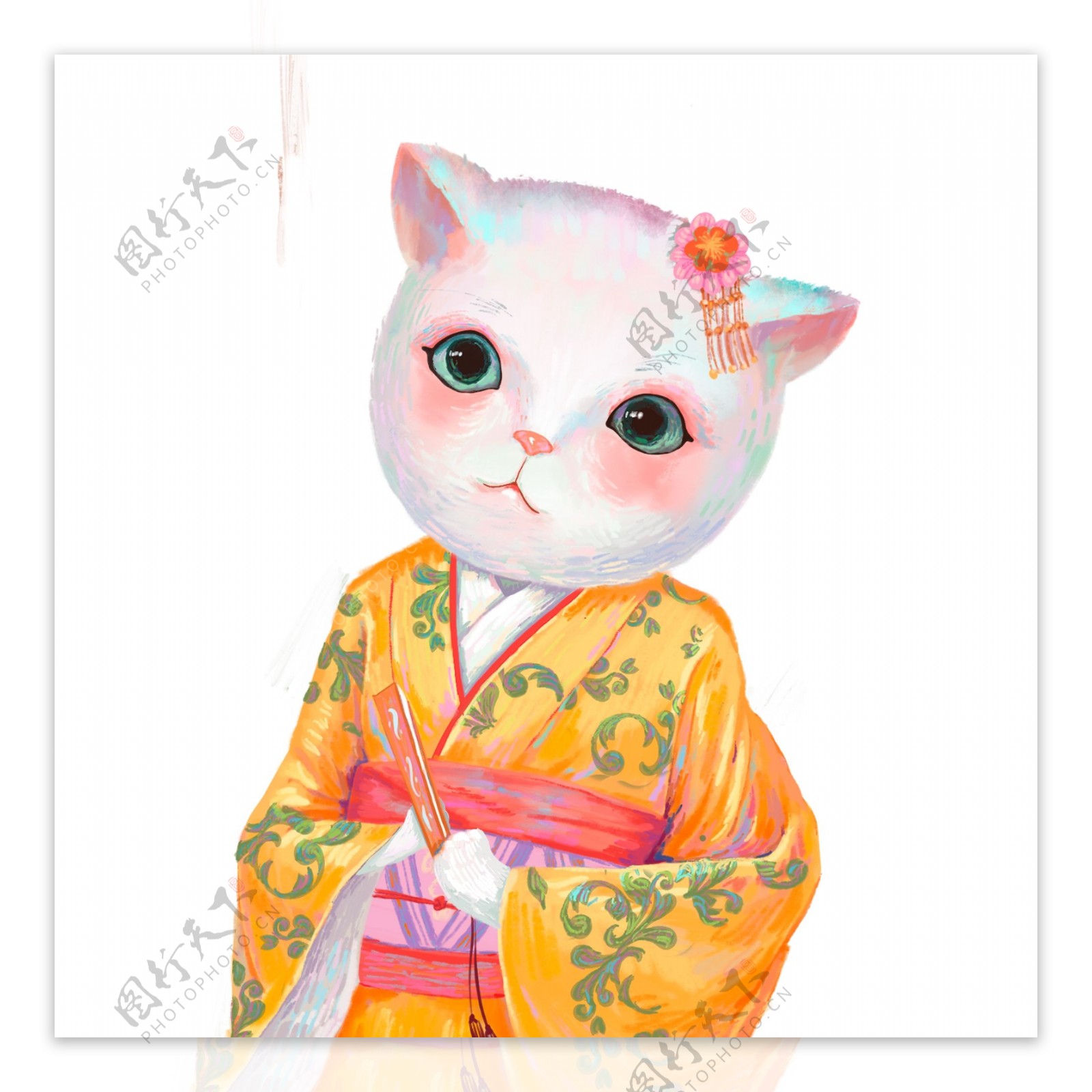 油画风日系猫咪少女手绘设计