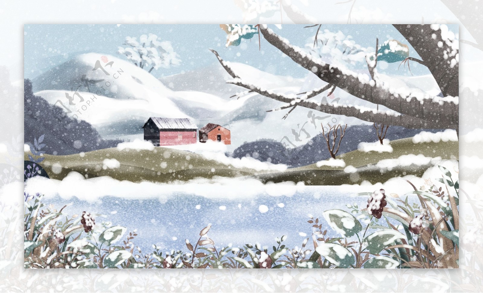 手绘冬季雪山雪地背景设计
