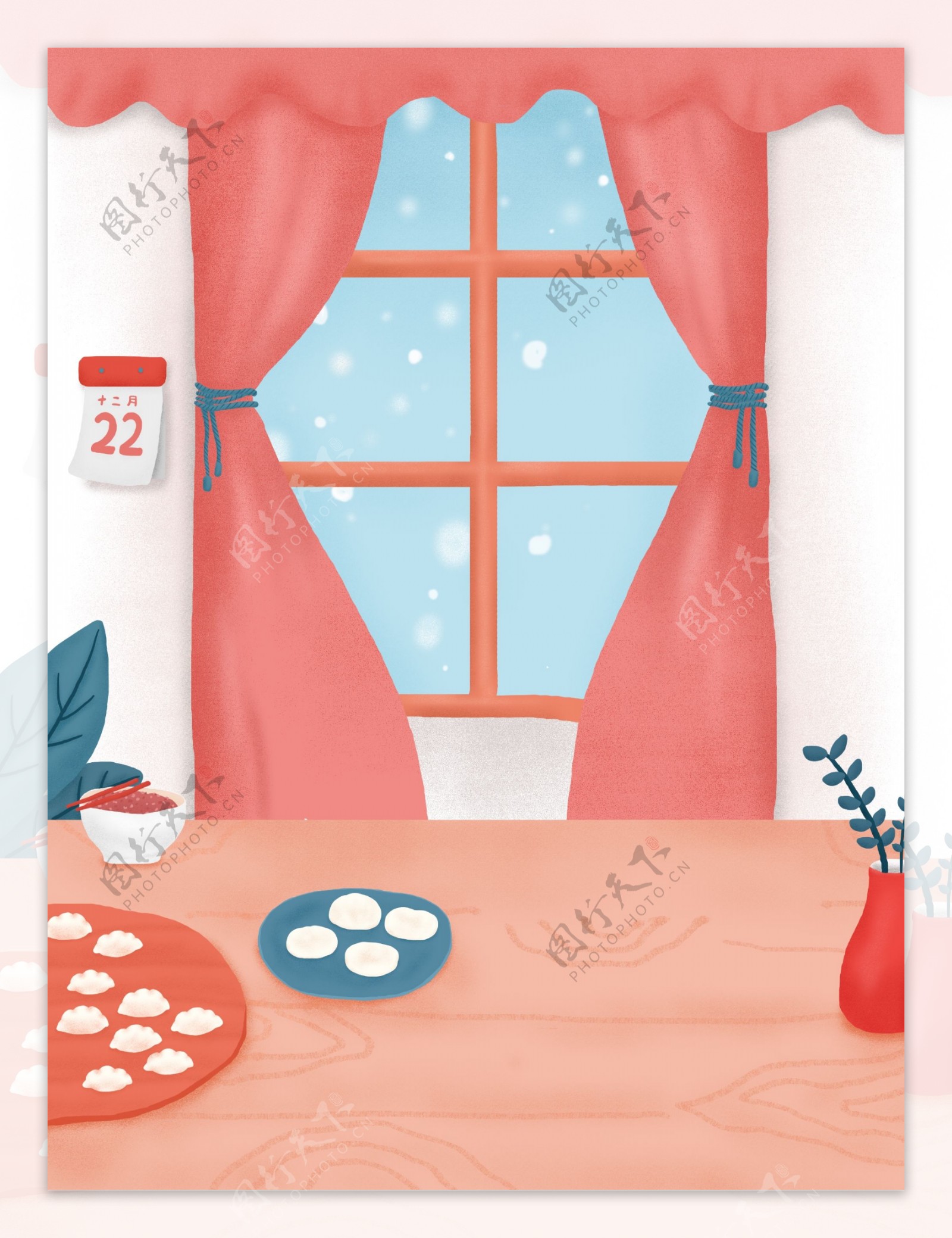 彩绘冬至粉色家居包饺子背景设计