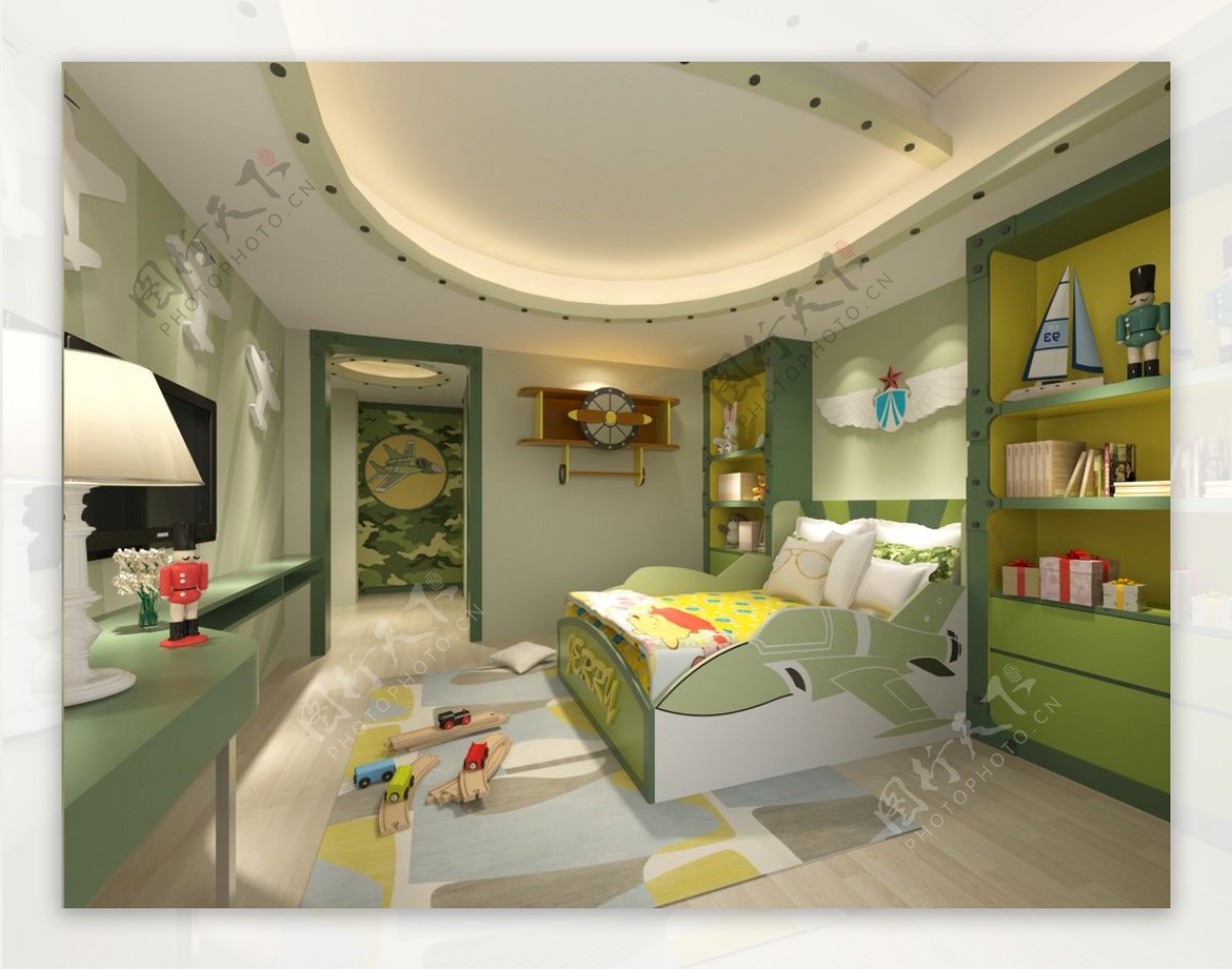 简约绿色儿童房效果图3D模型