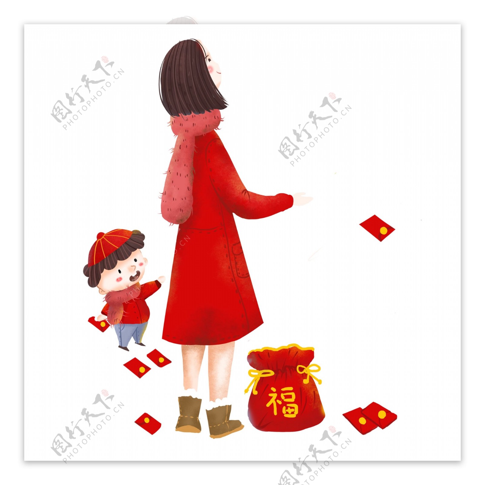红色喜庆新年母子人物插画元素