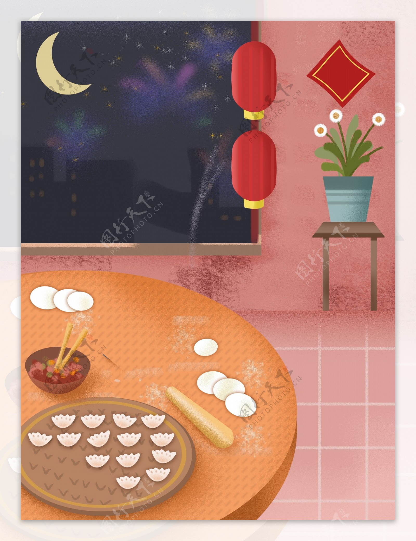 粉色手绘过年包饺子插画背景