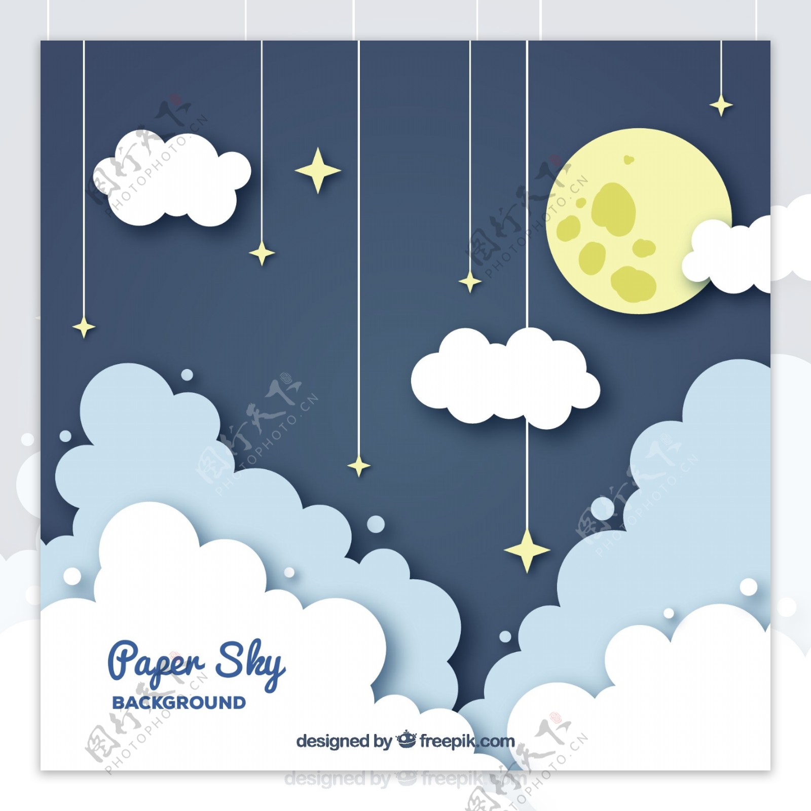 创意纸质夜空中的月亮和云朵