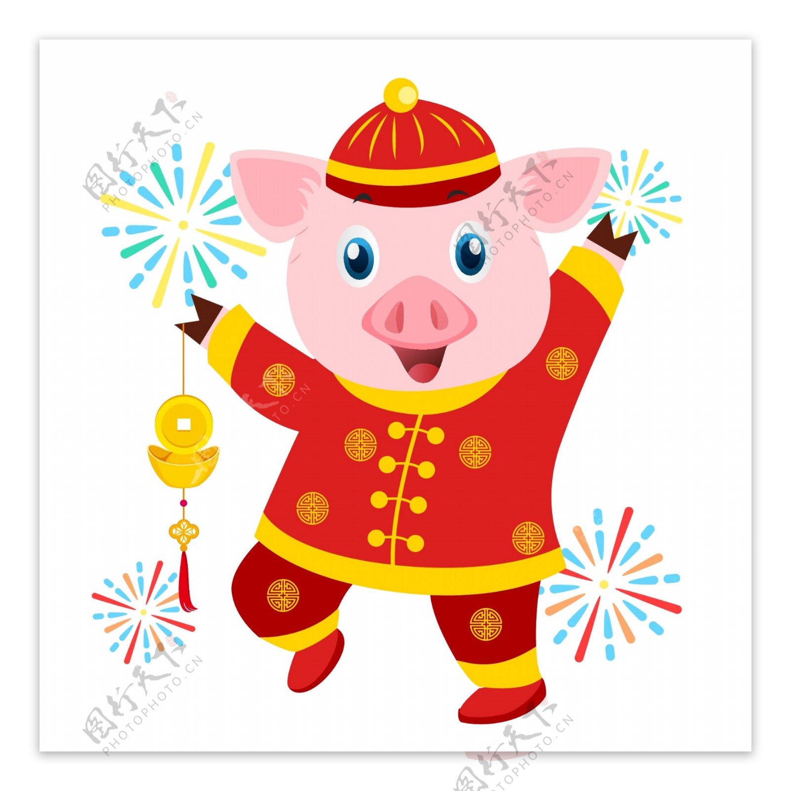 猪跳舞持有长链戴金色的中国红