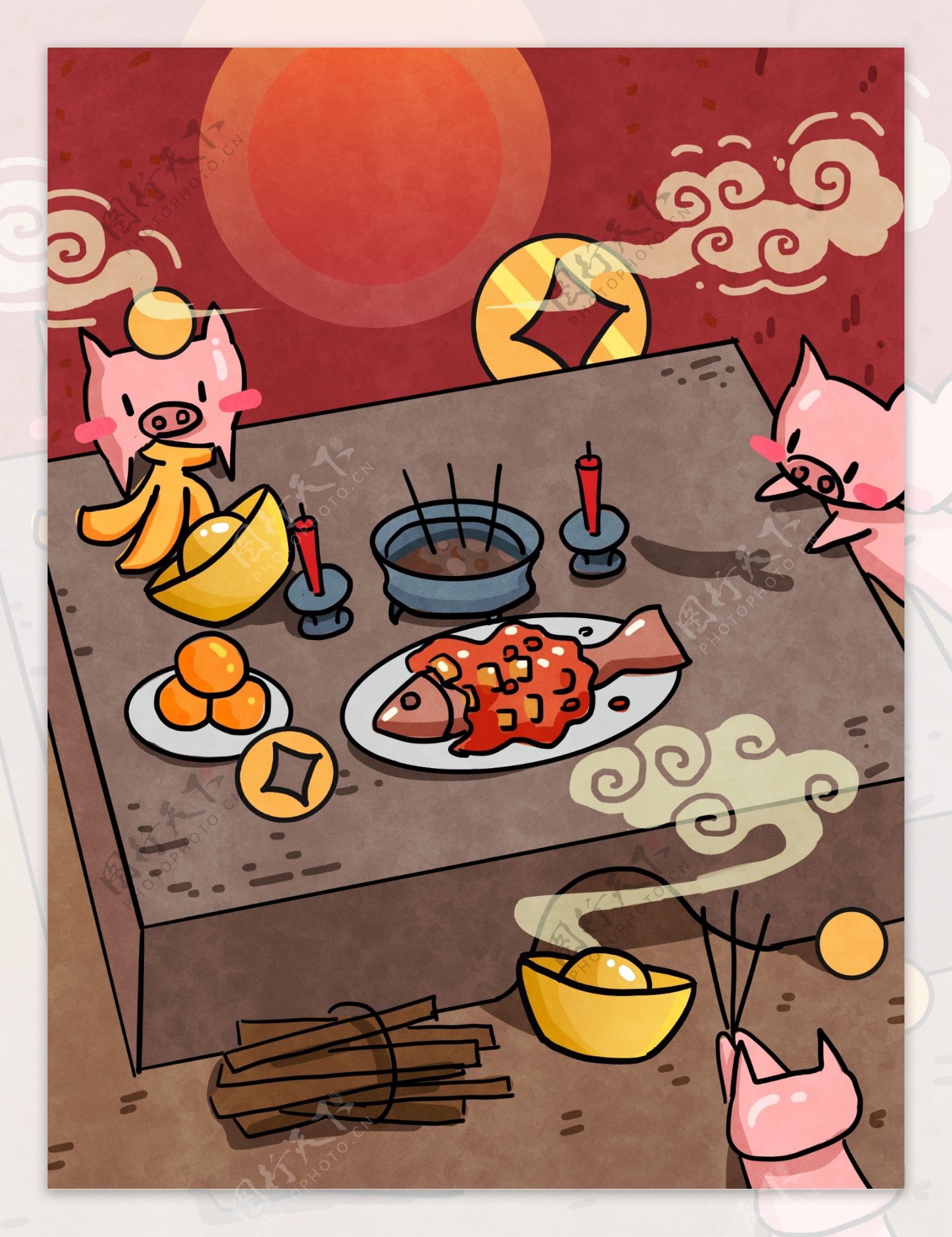 红色新年上供美食插画背景