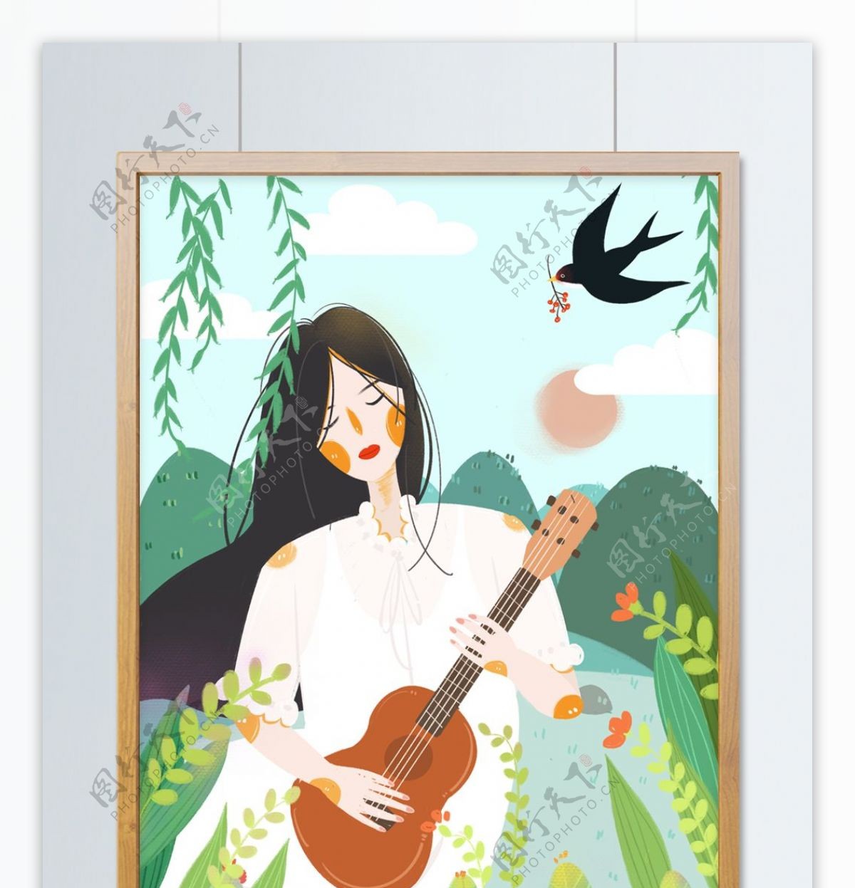 绿色小清新二十四节气春分弹吉他的女孩插画