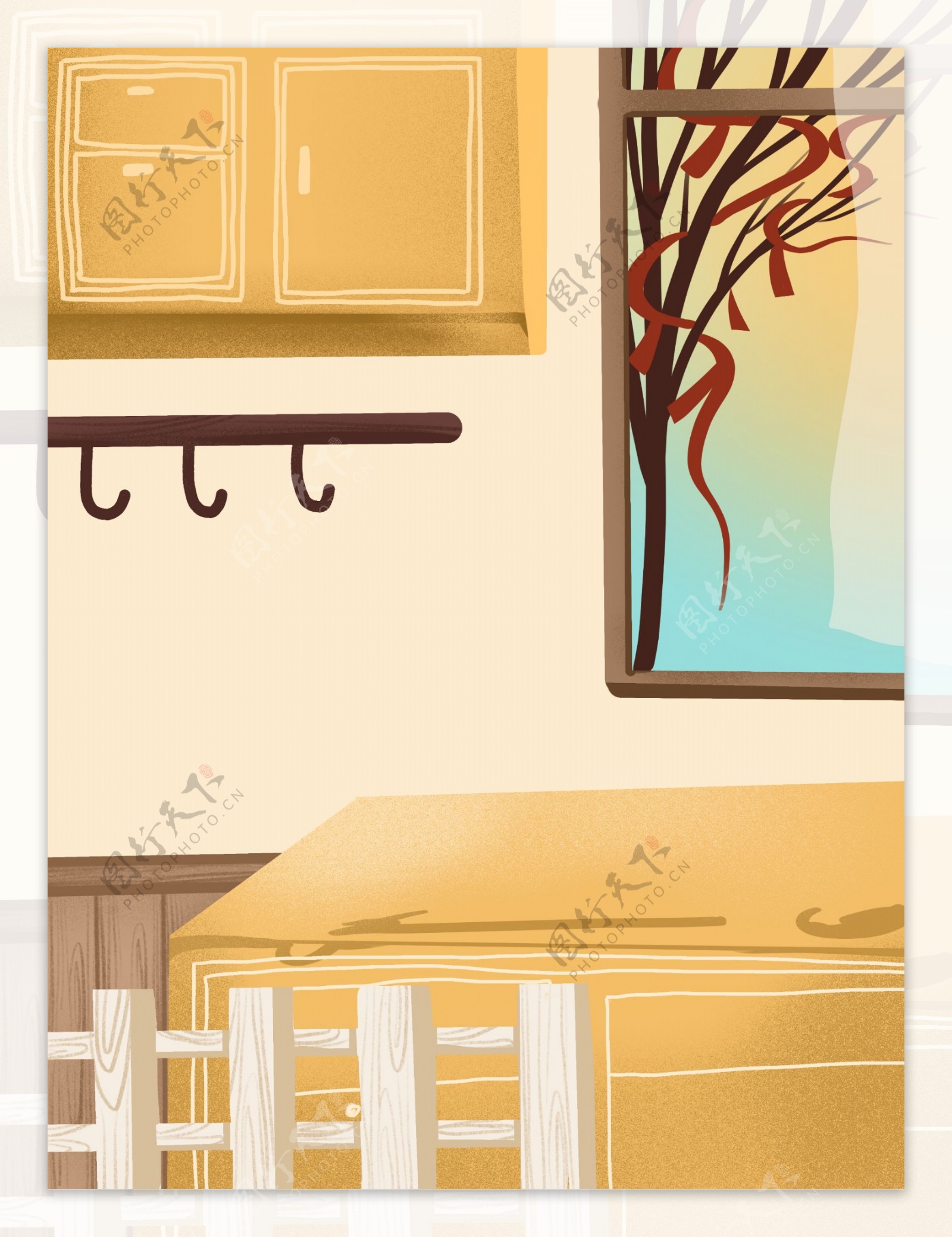 简约彩绘家居厨房柜子背景设计