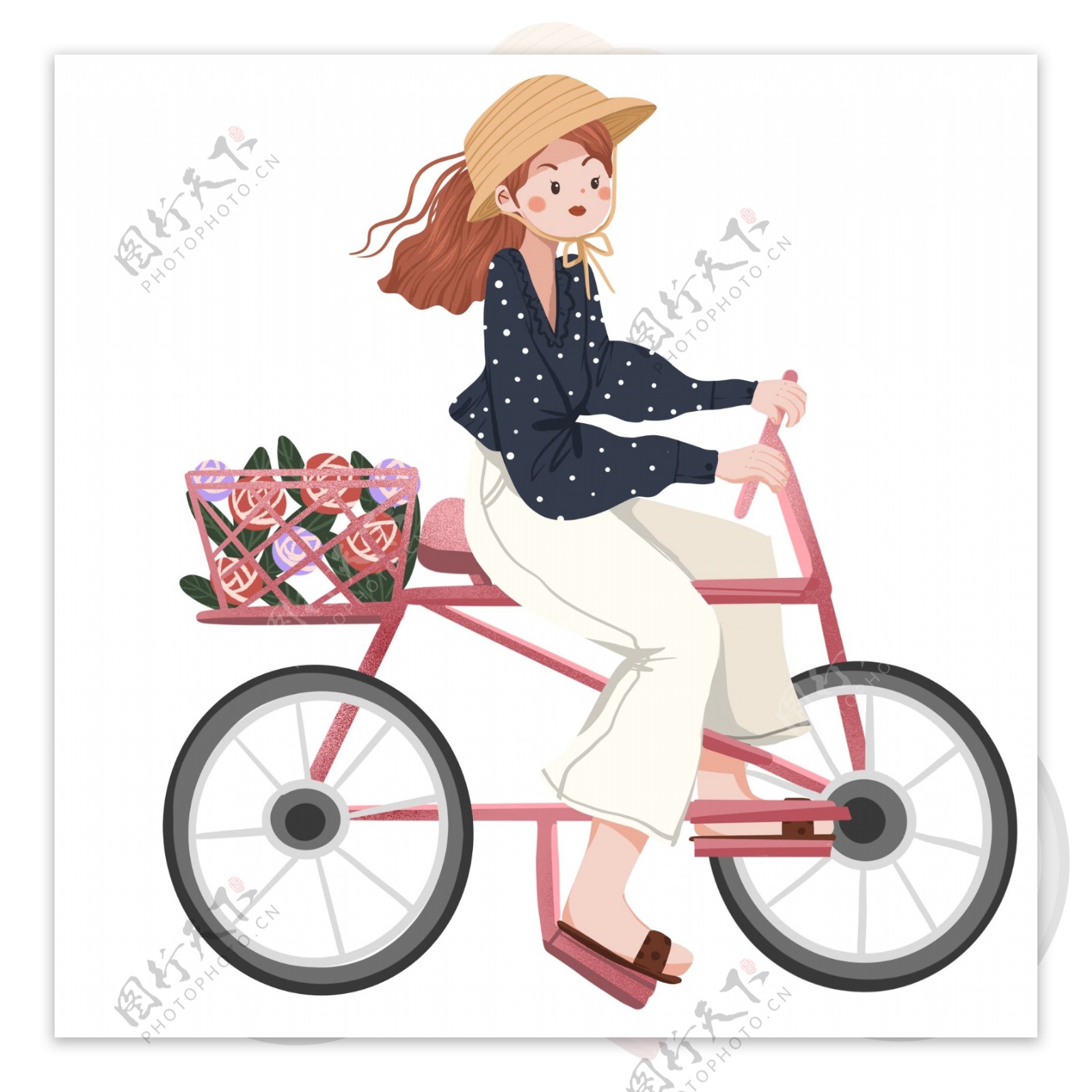 复古手绘春季骑着自行车旅行的女孩