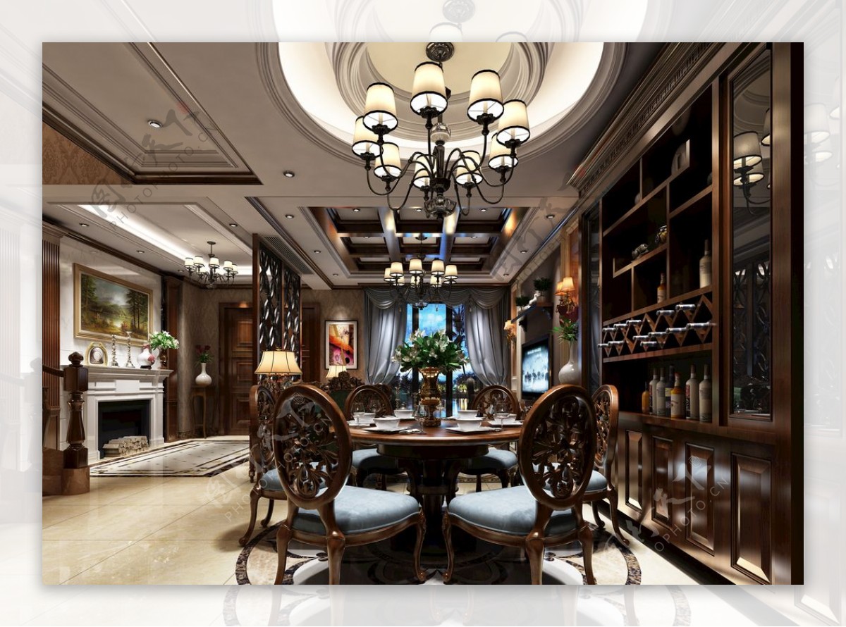美式古典餐厅效果图3D模型