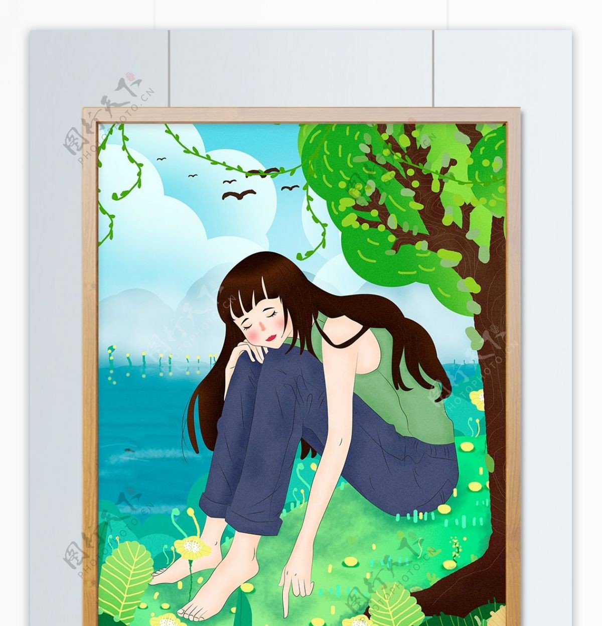 五月你好坐在草地上吹海风的女孩扁平风插画