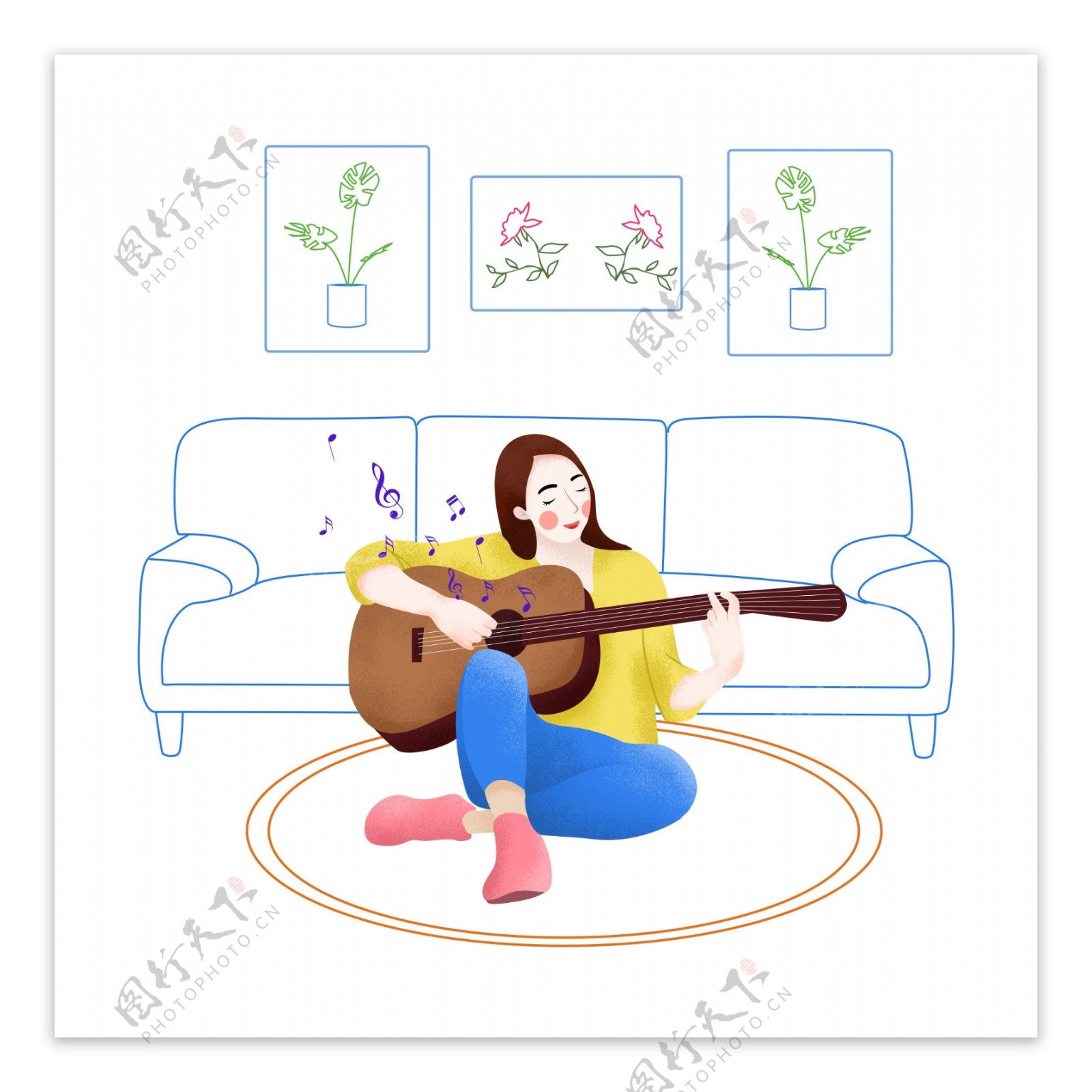 手绘虚实象生风格坐沙发前弹吉他的女生