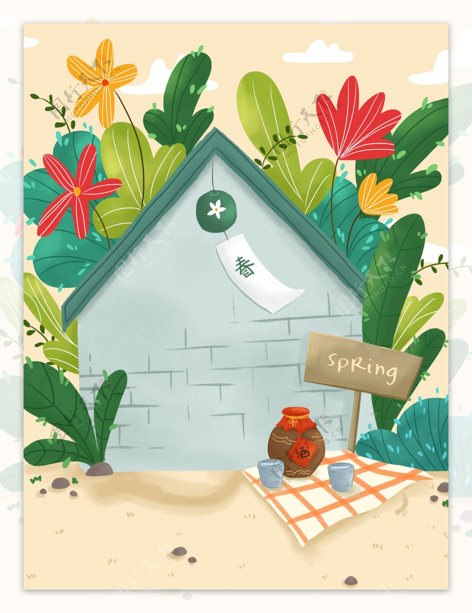 手绘春季花园小屋背景设计