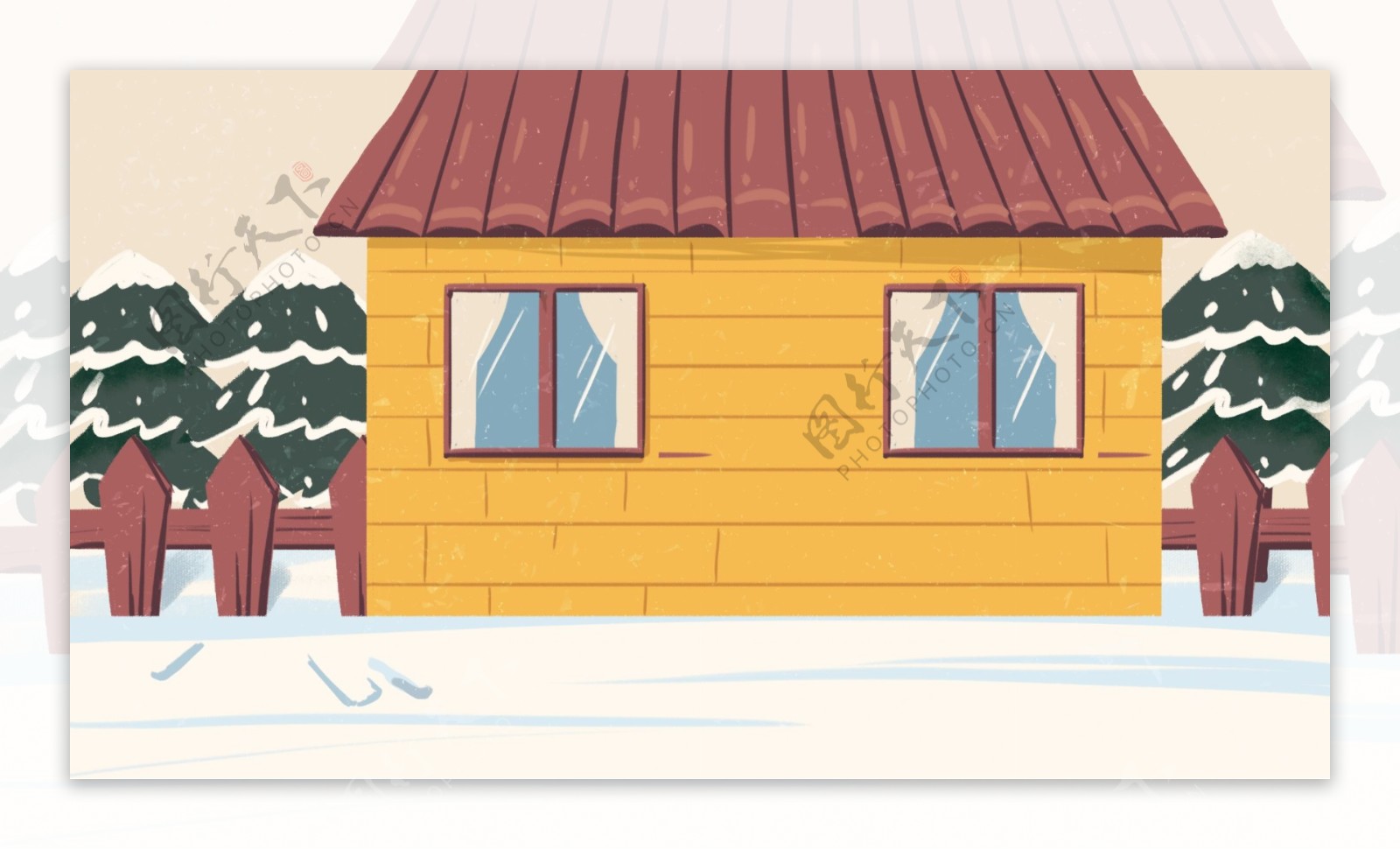 手绘雪地小屋背景设计