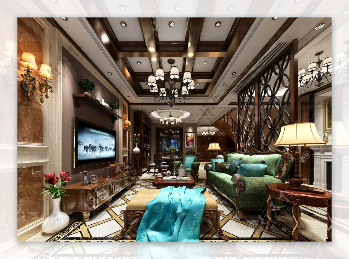 美式奢华客厅效果图3D模型