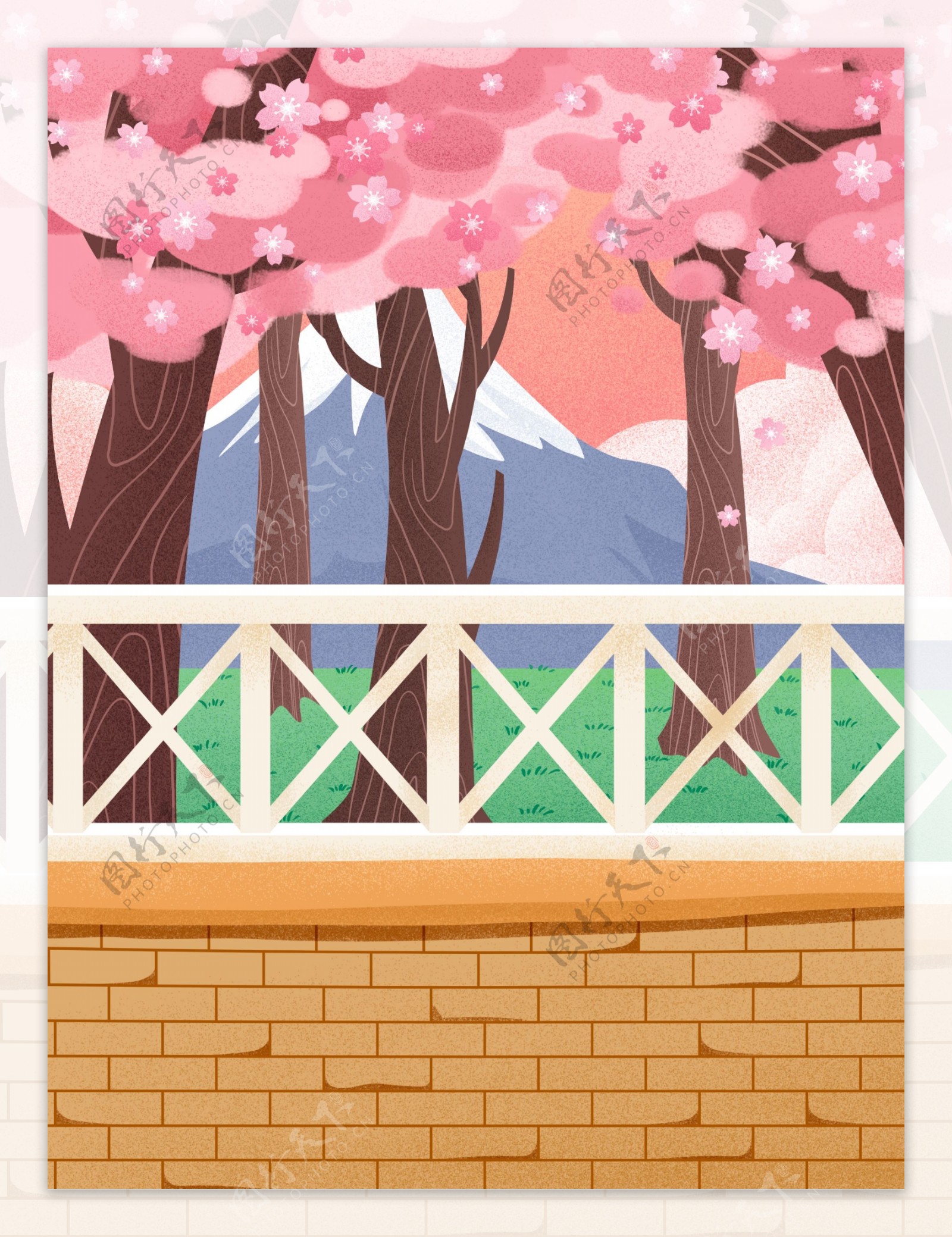 手绘日本樱花季樱花园背景设计
