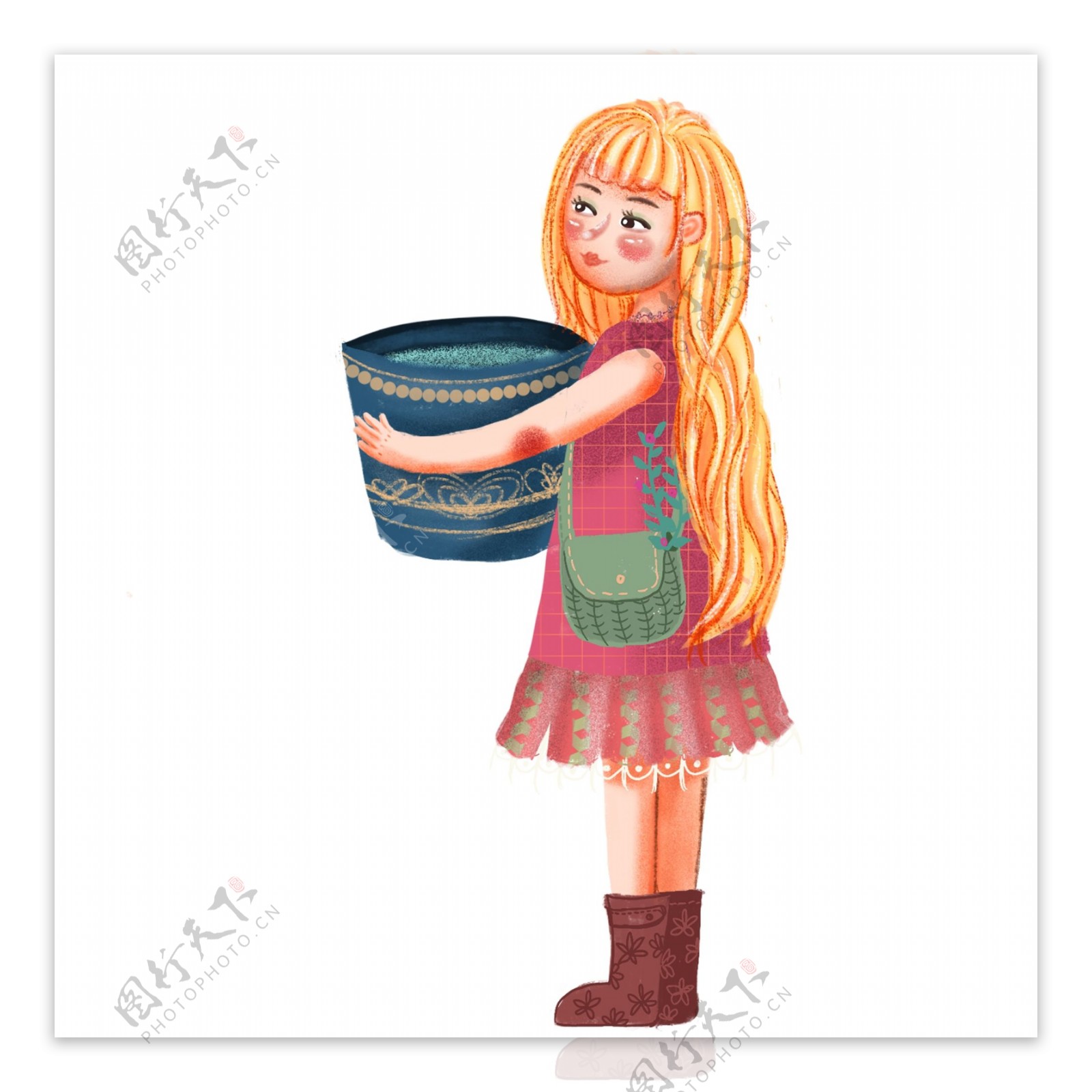 复古手绘拿着一盆水的女孩