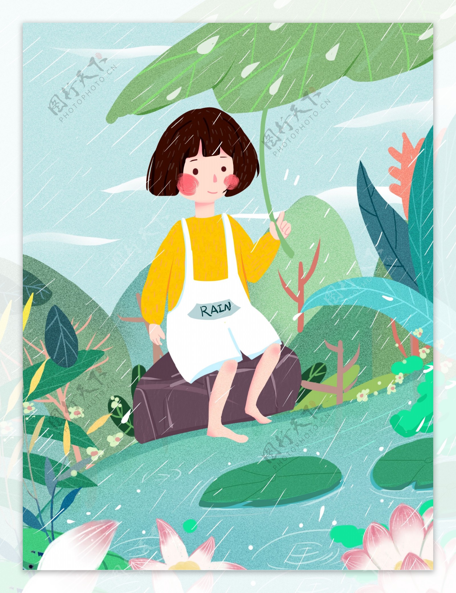原创可爱小清新雨季小女孩背景设计