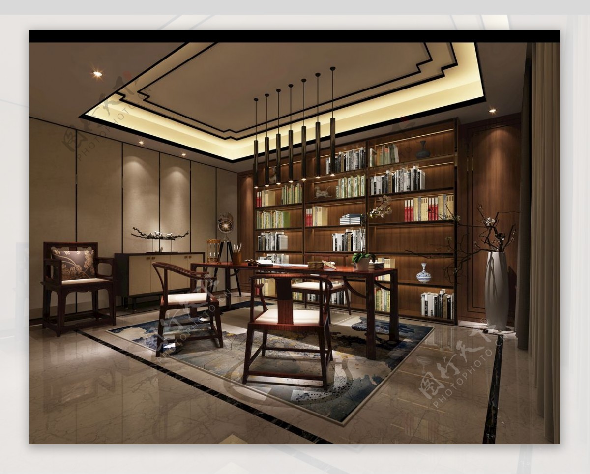 中式书房效果图3D模型