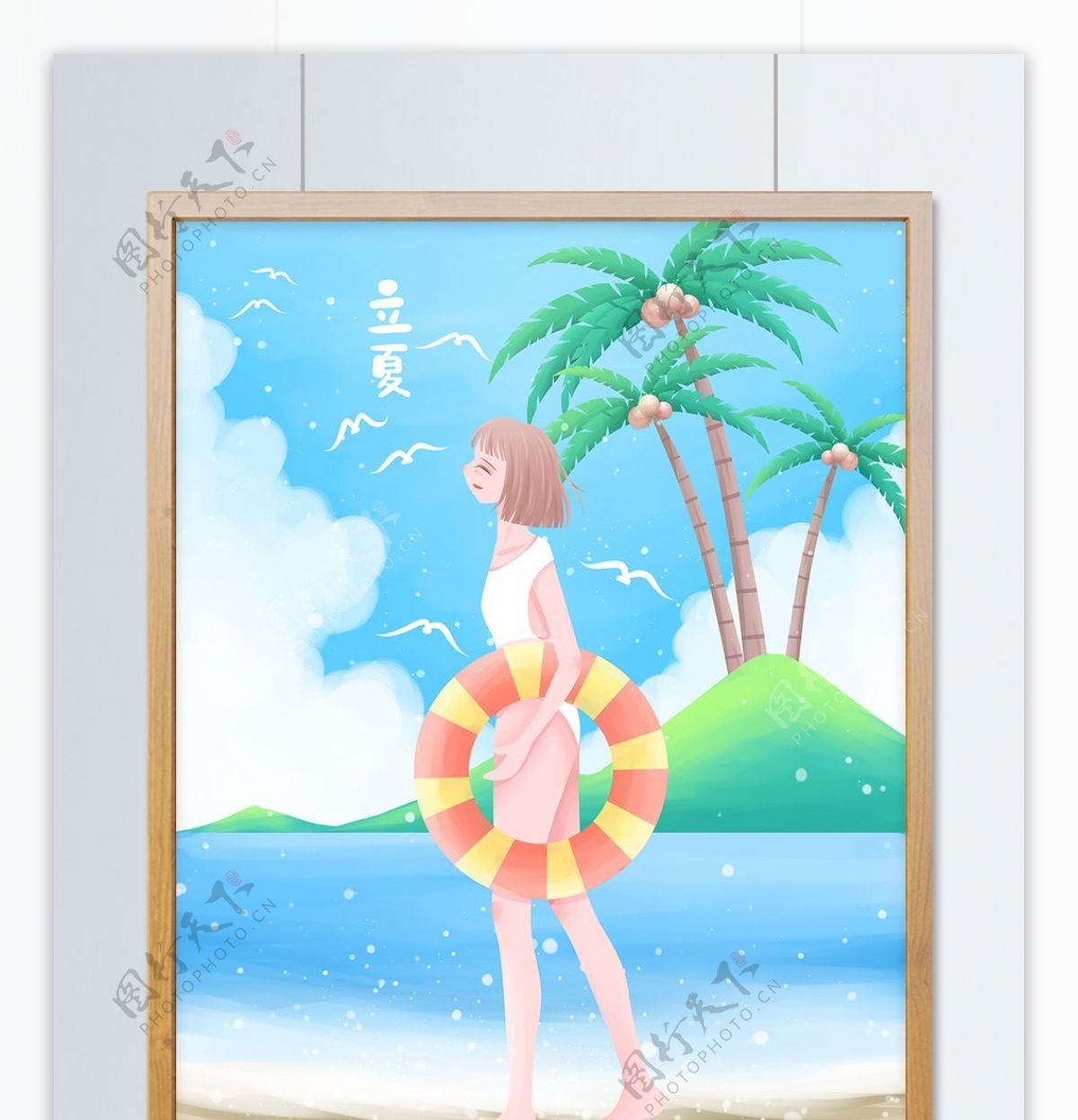 立夏小清新插画夏日海边的泳装女孩