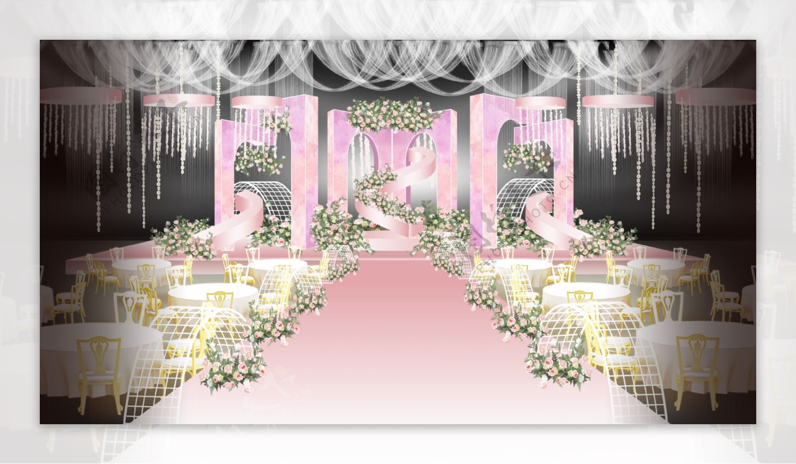 唯美粉紫色婚礼舞台设计