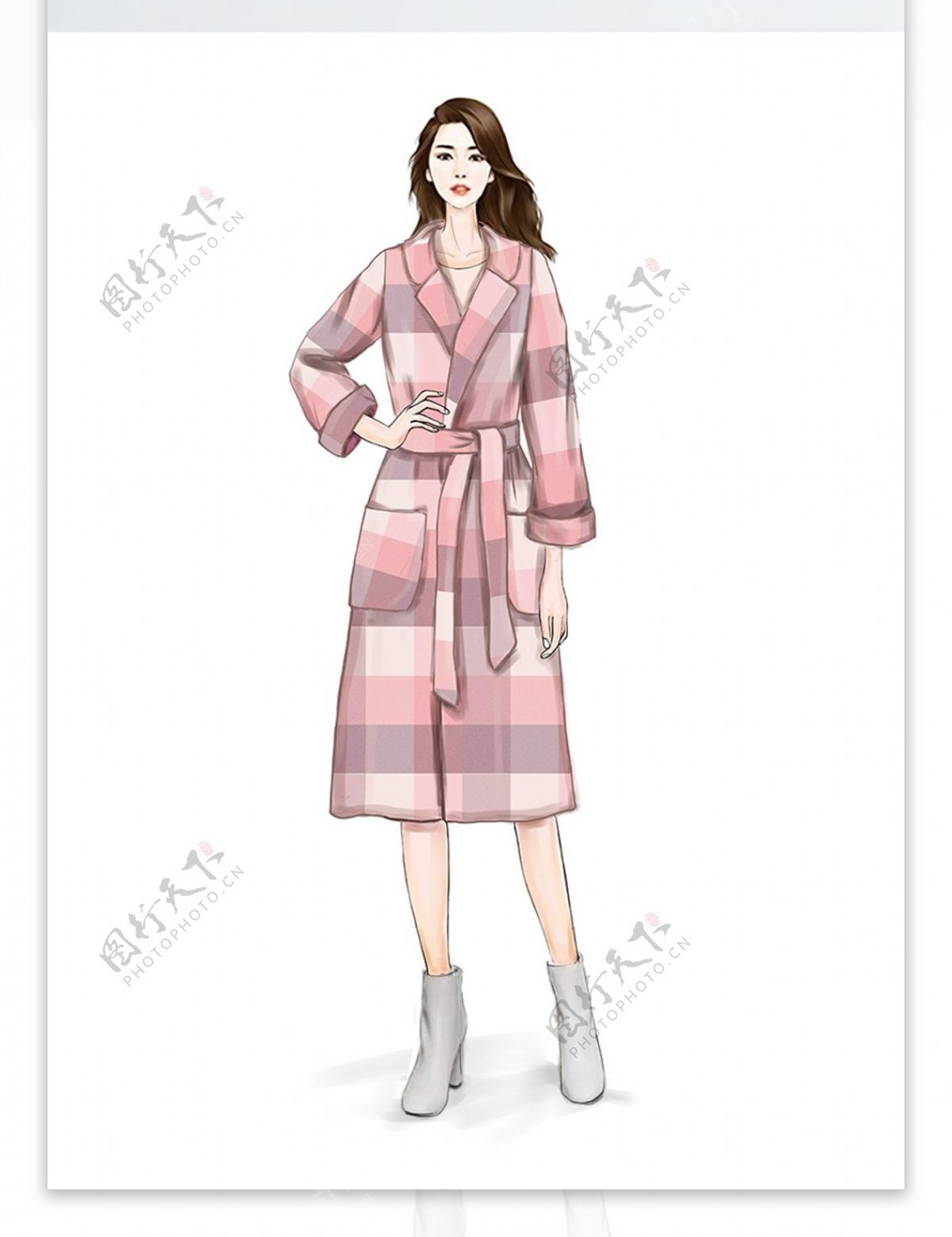 时装画服装设计粉色格纹大衣