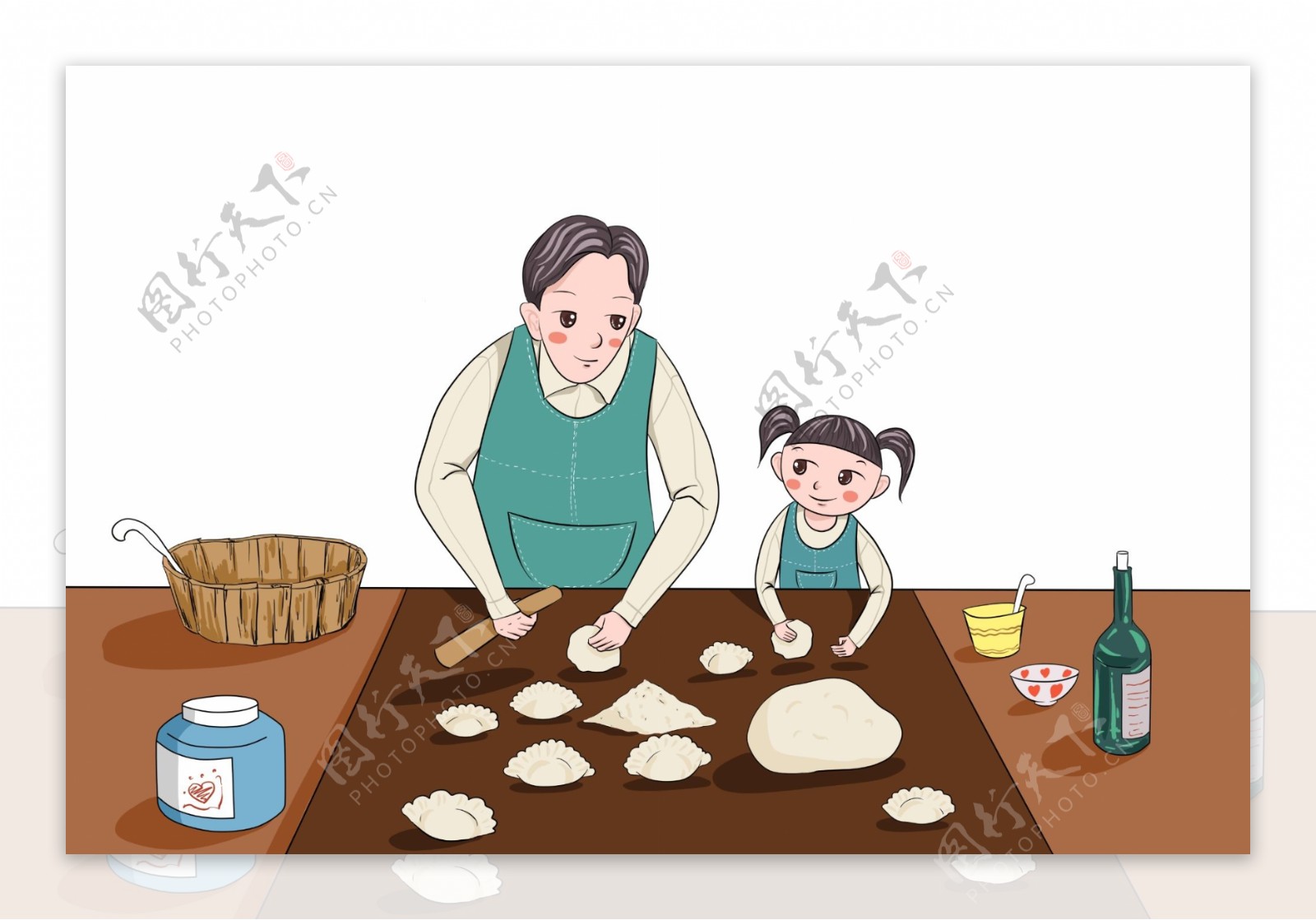 卡通手绘插画妇女包饺子