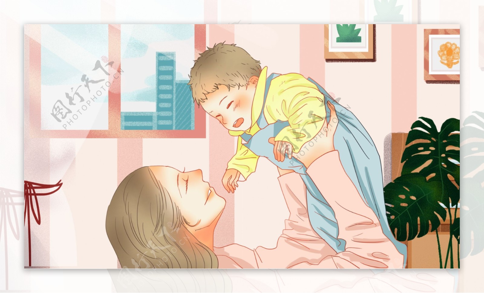 小清新母亲节抱着孩子的母亲插画壁纸